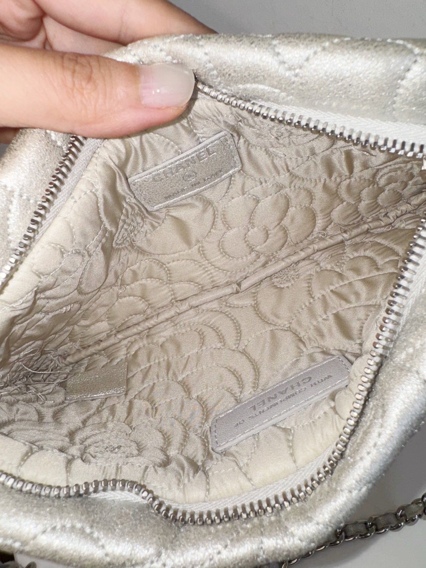 Chanel Silver Camellia Chain Pouch Handbag Shoulder Bag