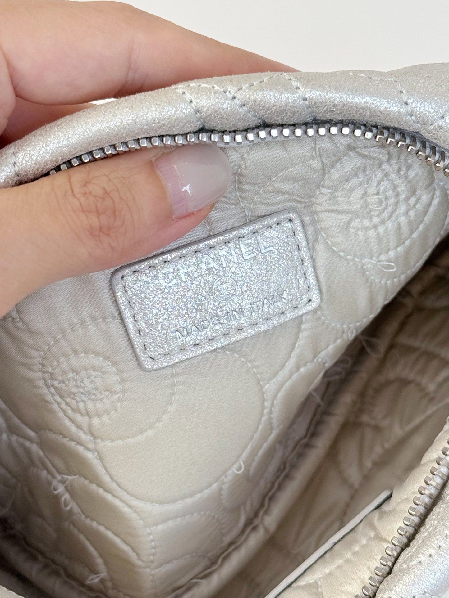 Chanel Silver Camellia Chain Pouch Handbag Shoulder Bag
