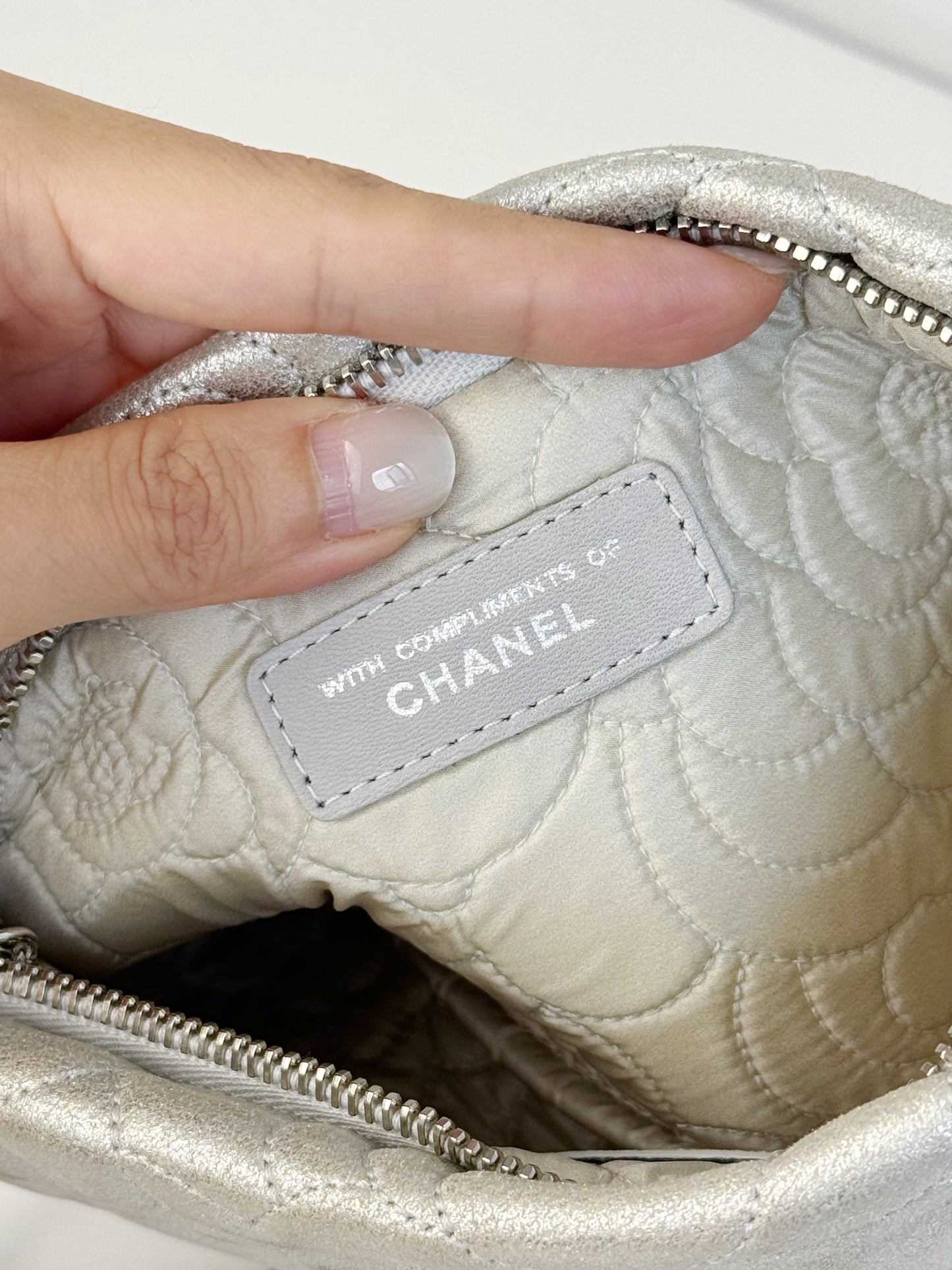 Chanel Silver Camellia Chain Pouch Handbag Shoulder Bag