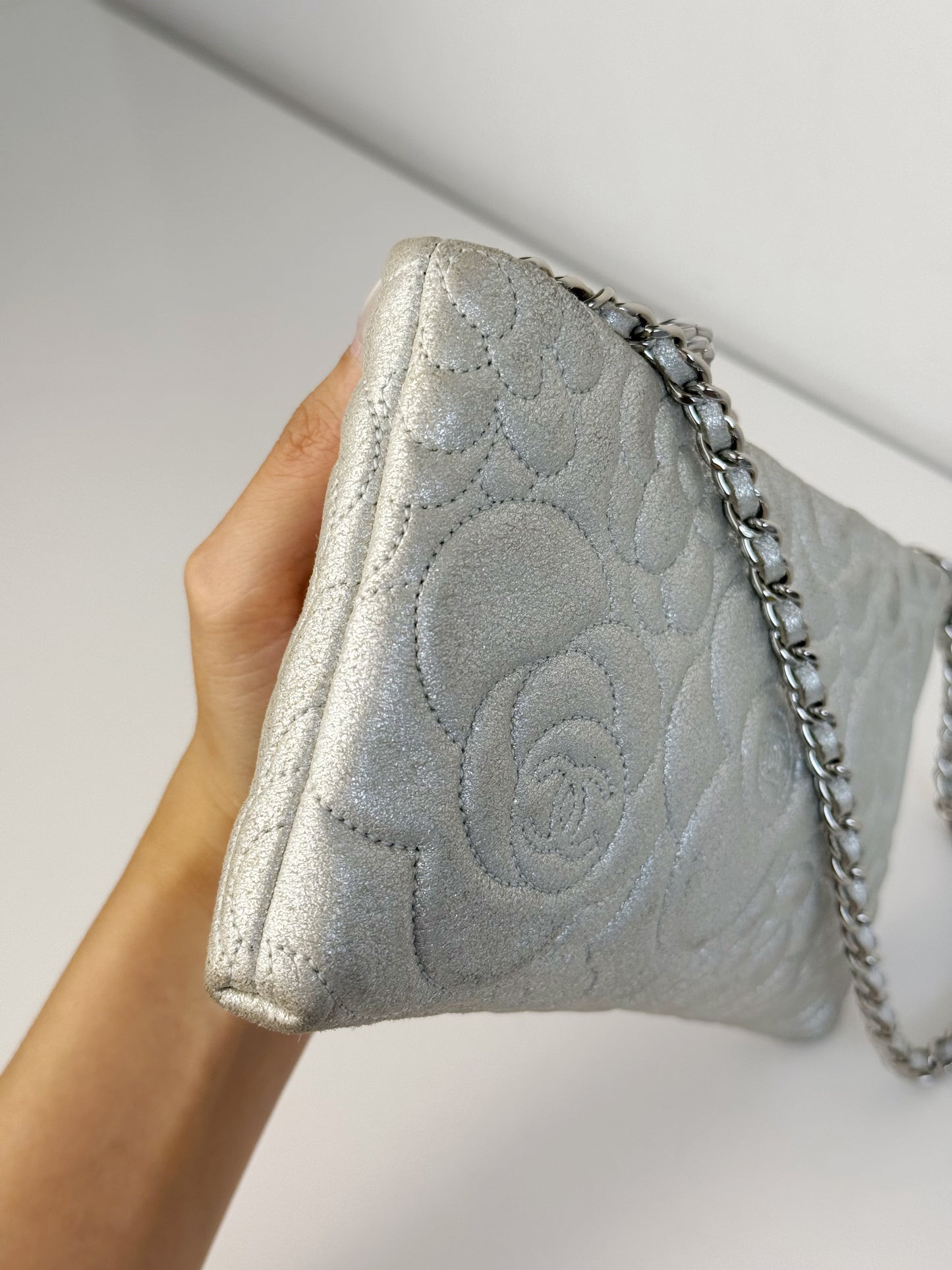 Chanel Silver Camellia Chain Pouch Handbag Shoulder Bag