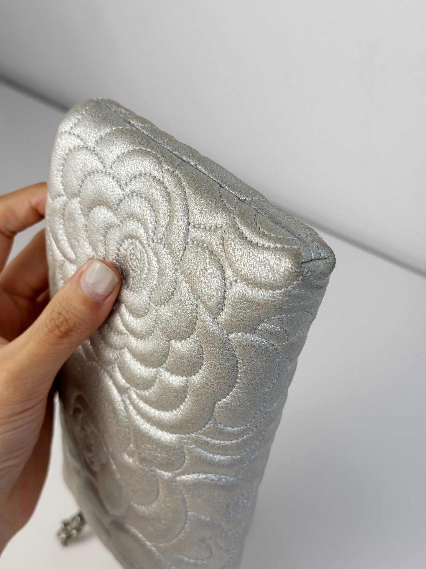 Chanel Silver Camellia Chain Pouch Handbag Shoulder Bag
