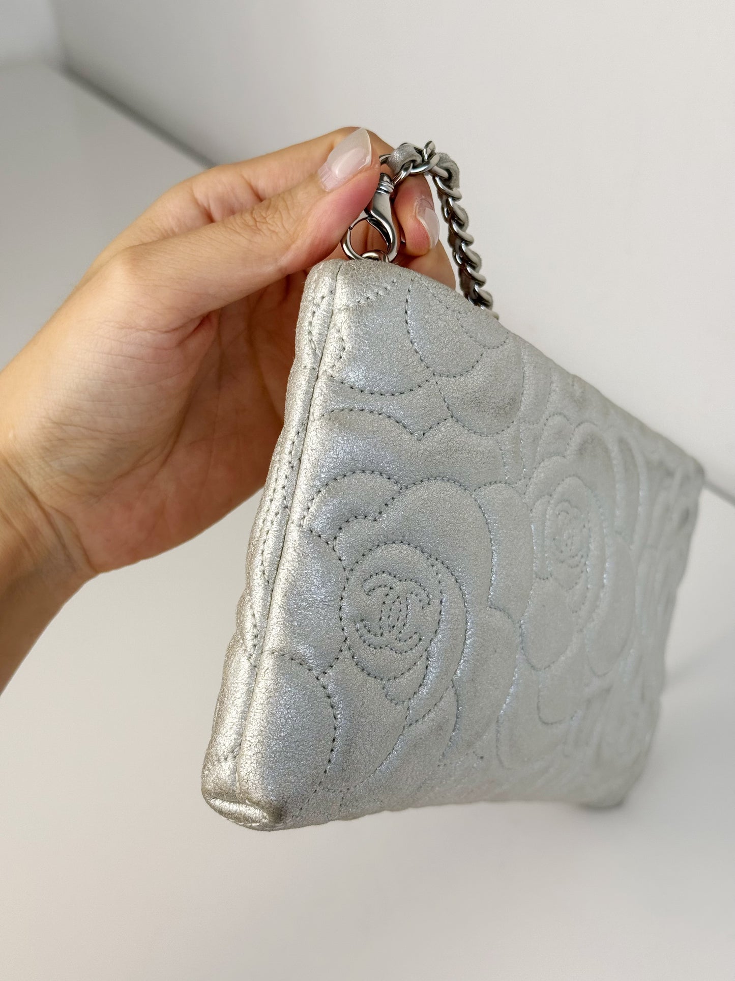 Chanel Silver Camellia Chain Pouch Handbag Shoulder Bag