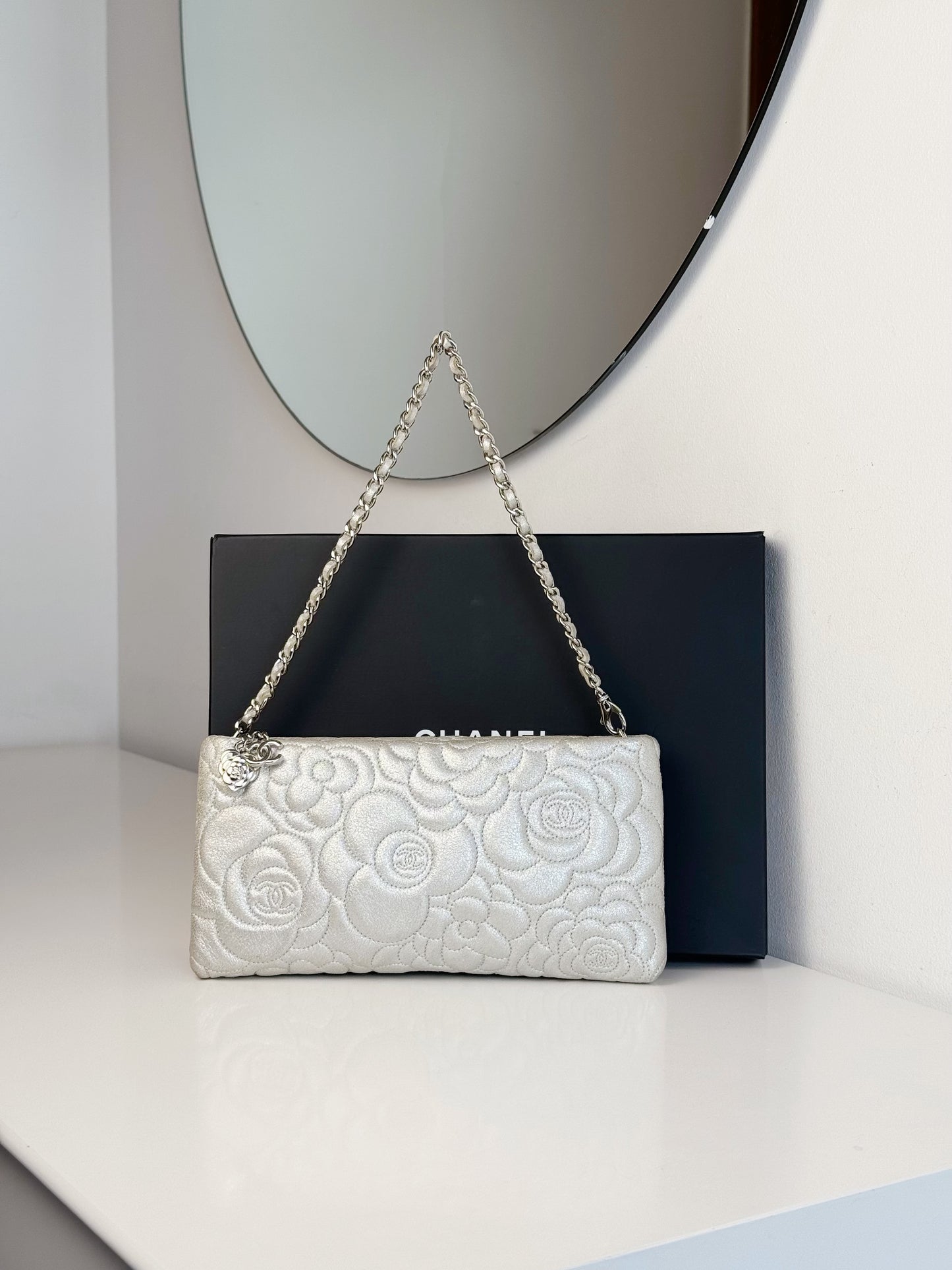 Chanel Silver Camellia Chain Pouch Handbag Shoulder Bag