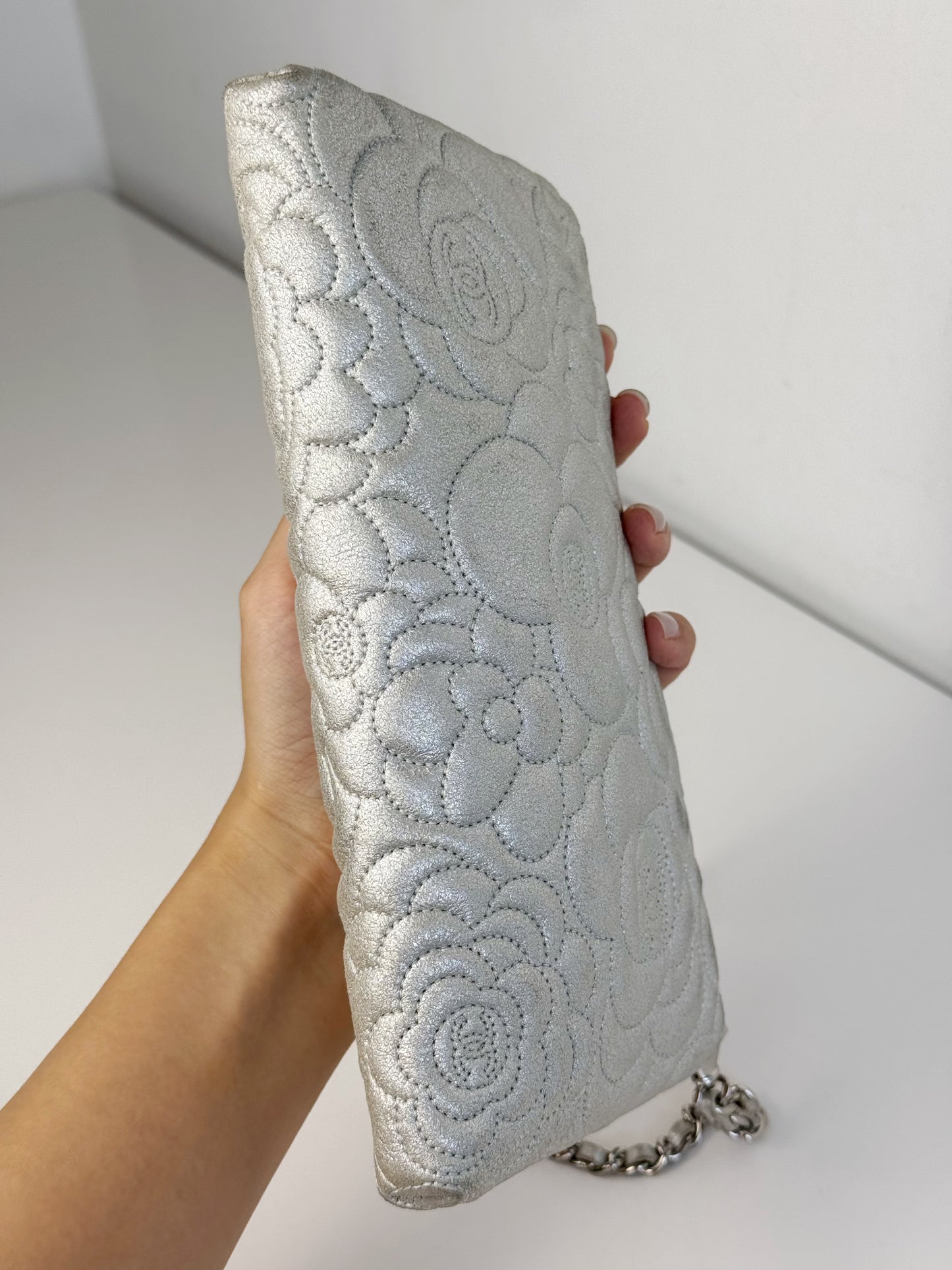 Chanel Silver Camellia Chain Pouch Handbag Shoulder Bag