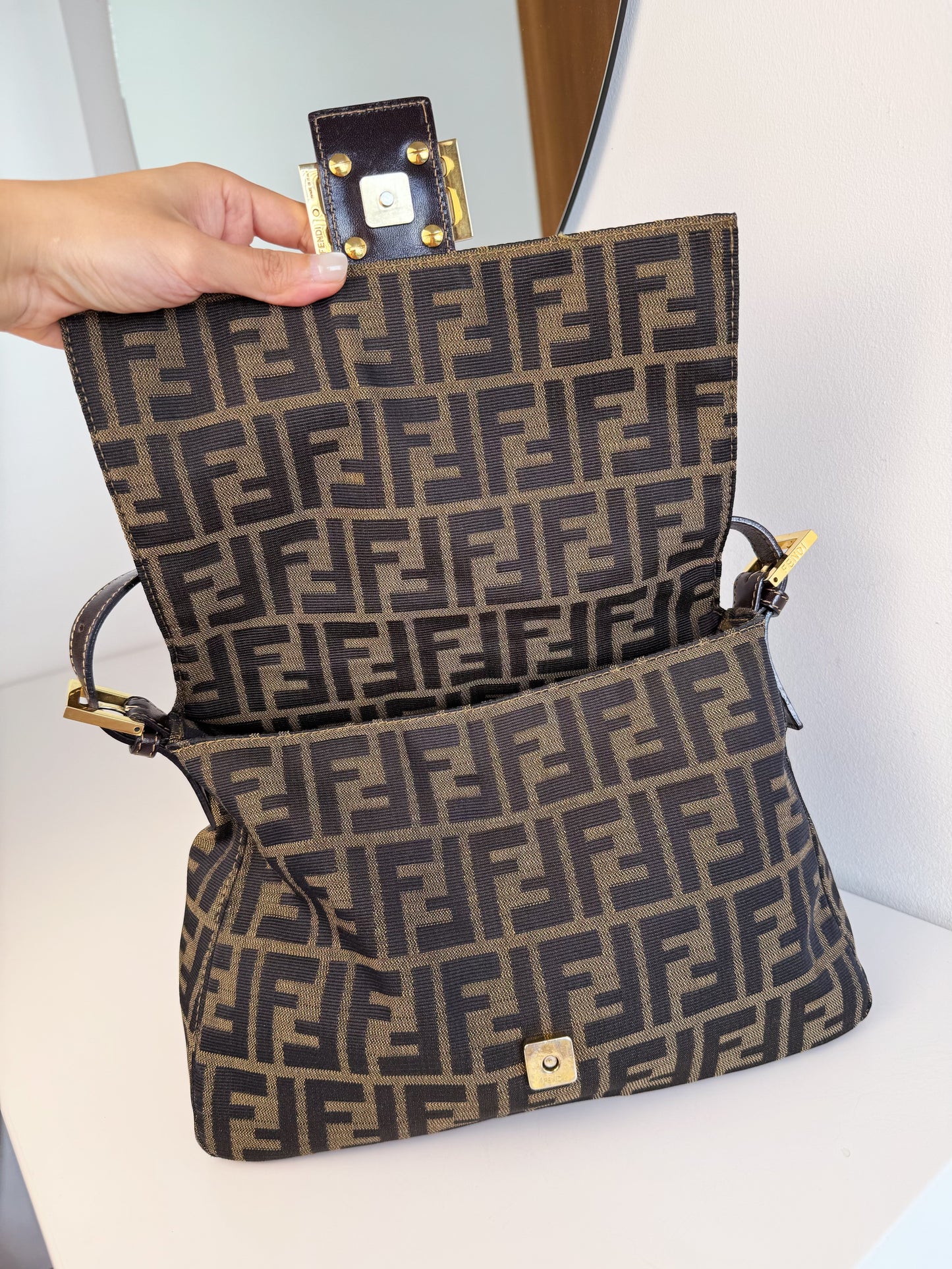Fendi Vintage Zucca Mamma Gold Baguette Shoulder Bag