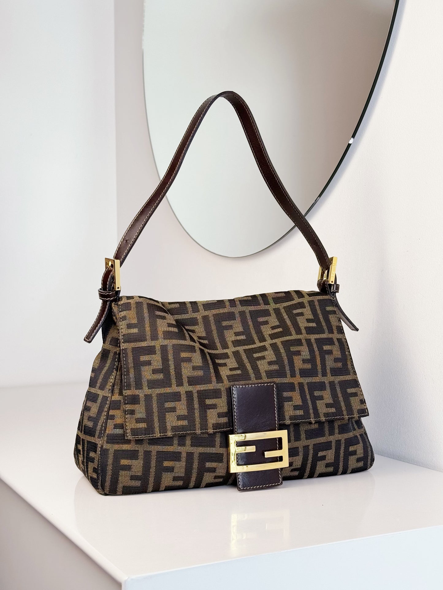 Fendi Vintage Zucca Mamma Gold Baguette Shoulder Bag
