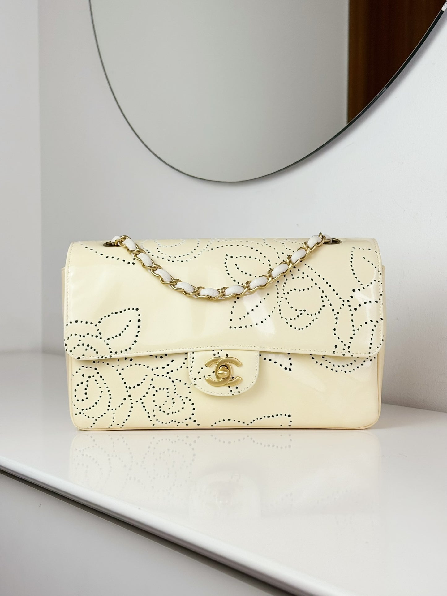Chanel Vintage Perforated Camellia Classic Flap Shoulder Crossbody Bag