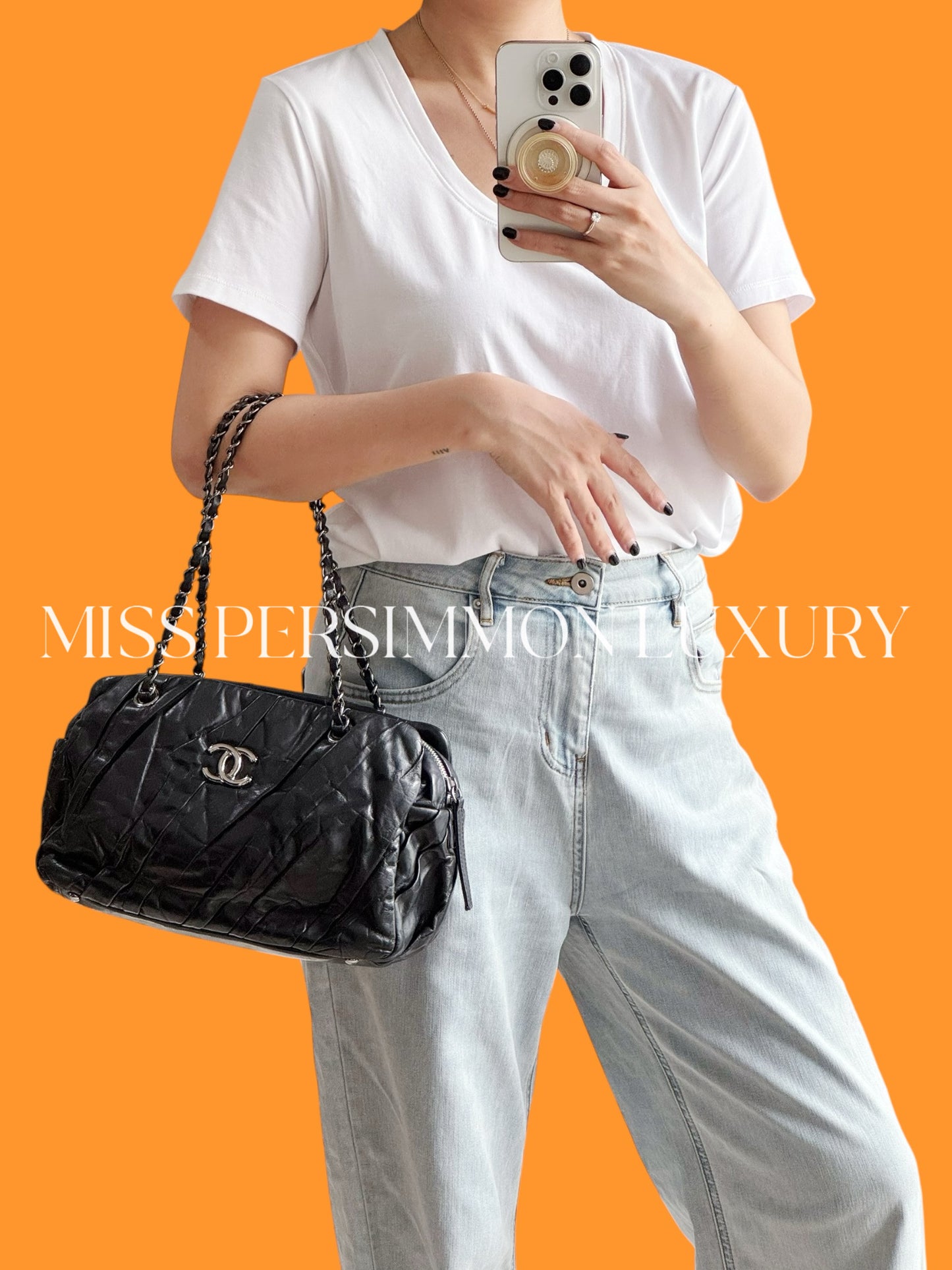 Chanel Vintage Black Twisted Coco Mark Bowling Glazed Calfskin Shoulder Bag