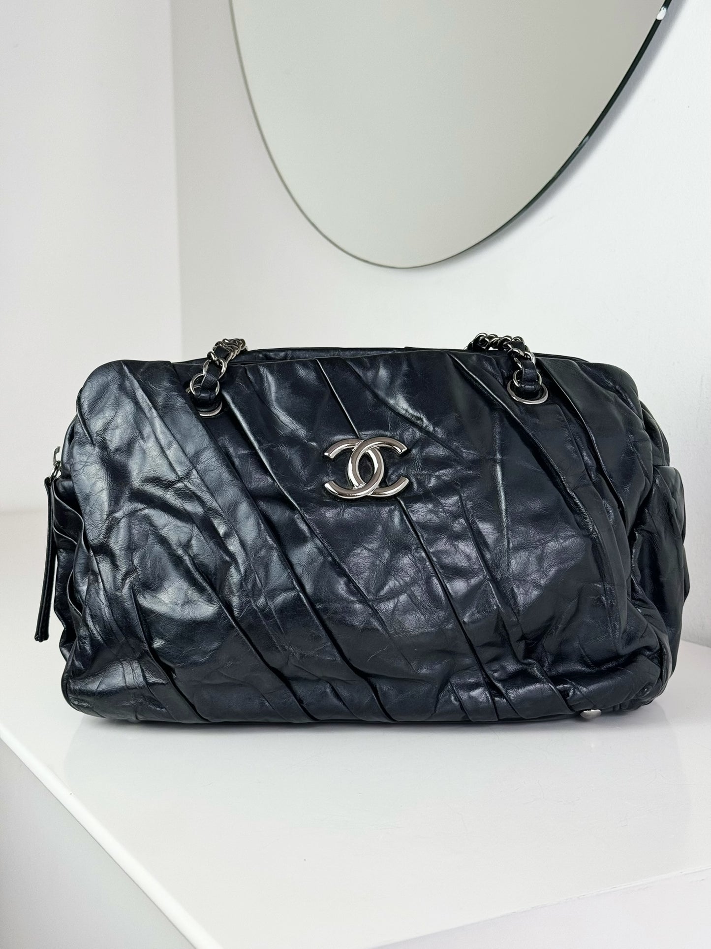 Chanel Vintage Black Twisted Coco Mark Bowling Glazed Calfskin Shoulder Bag