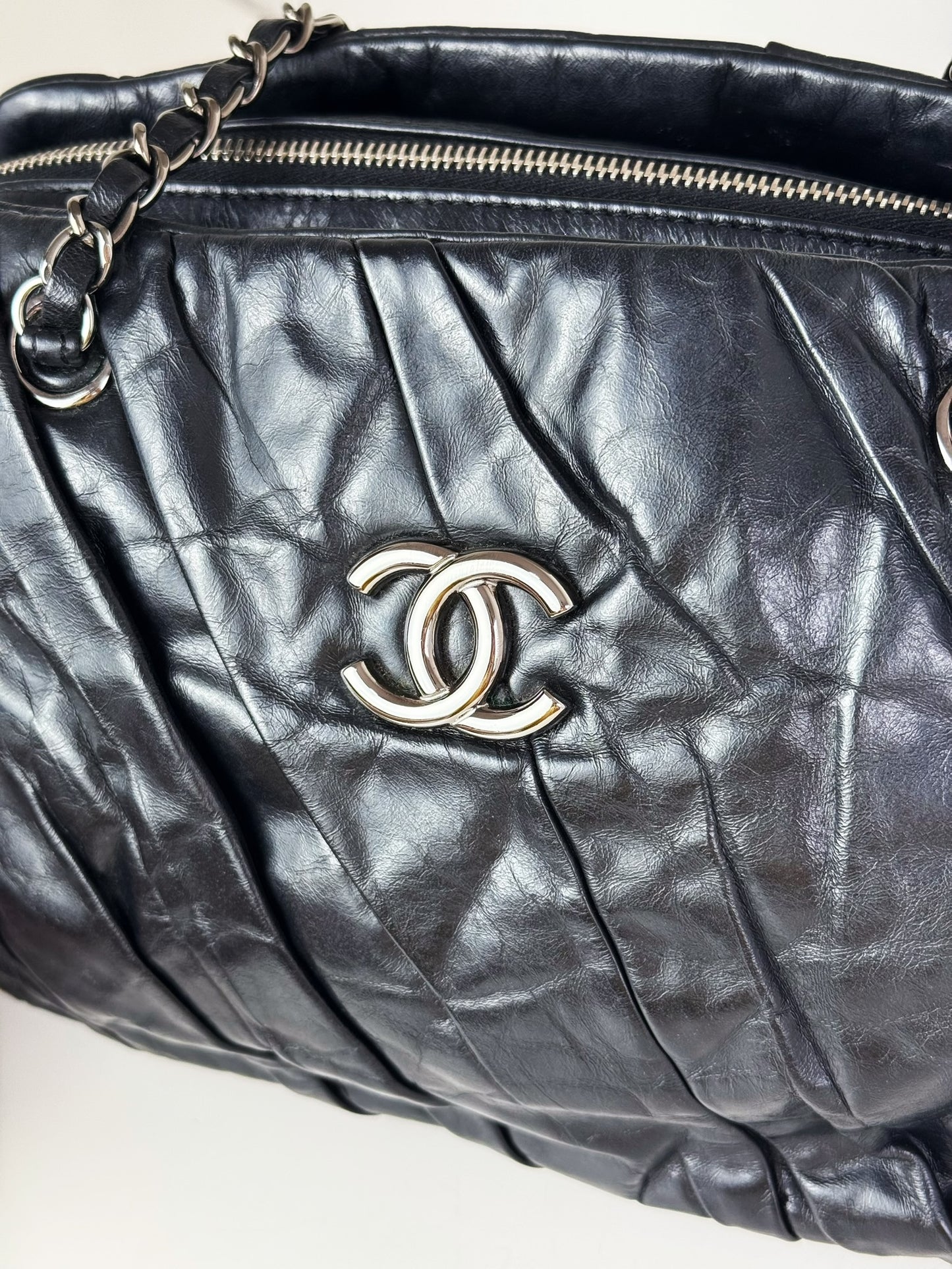 Chanel Vintage Black Twisted Coco Mark Bowling Glazed Calfskin Shoulder Bag