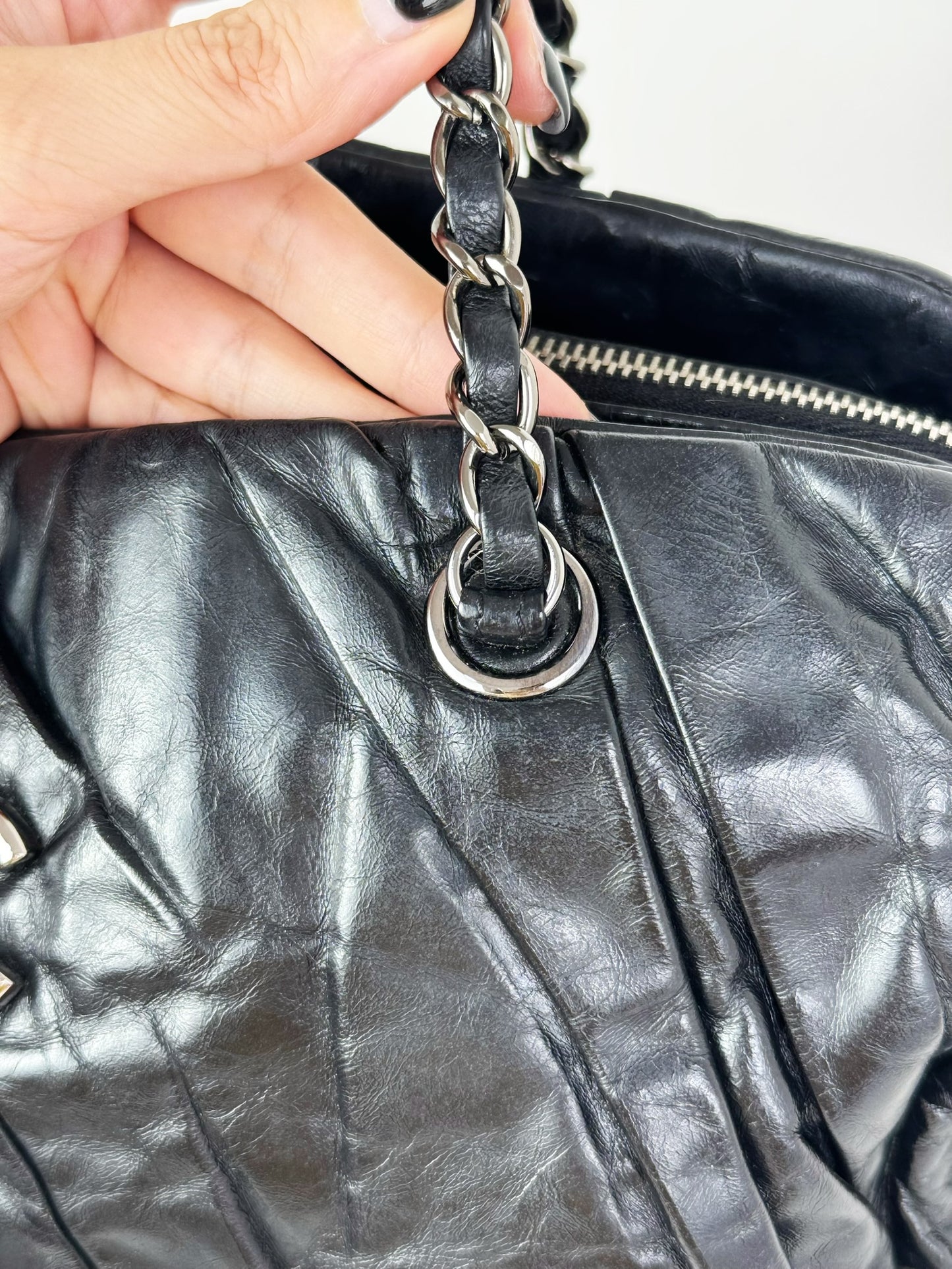 Chanel Vintage Black Twisted Coco Mark Bowling Glazed Calfskin Shoulder Bag