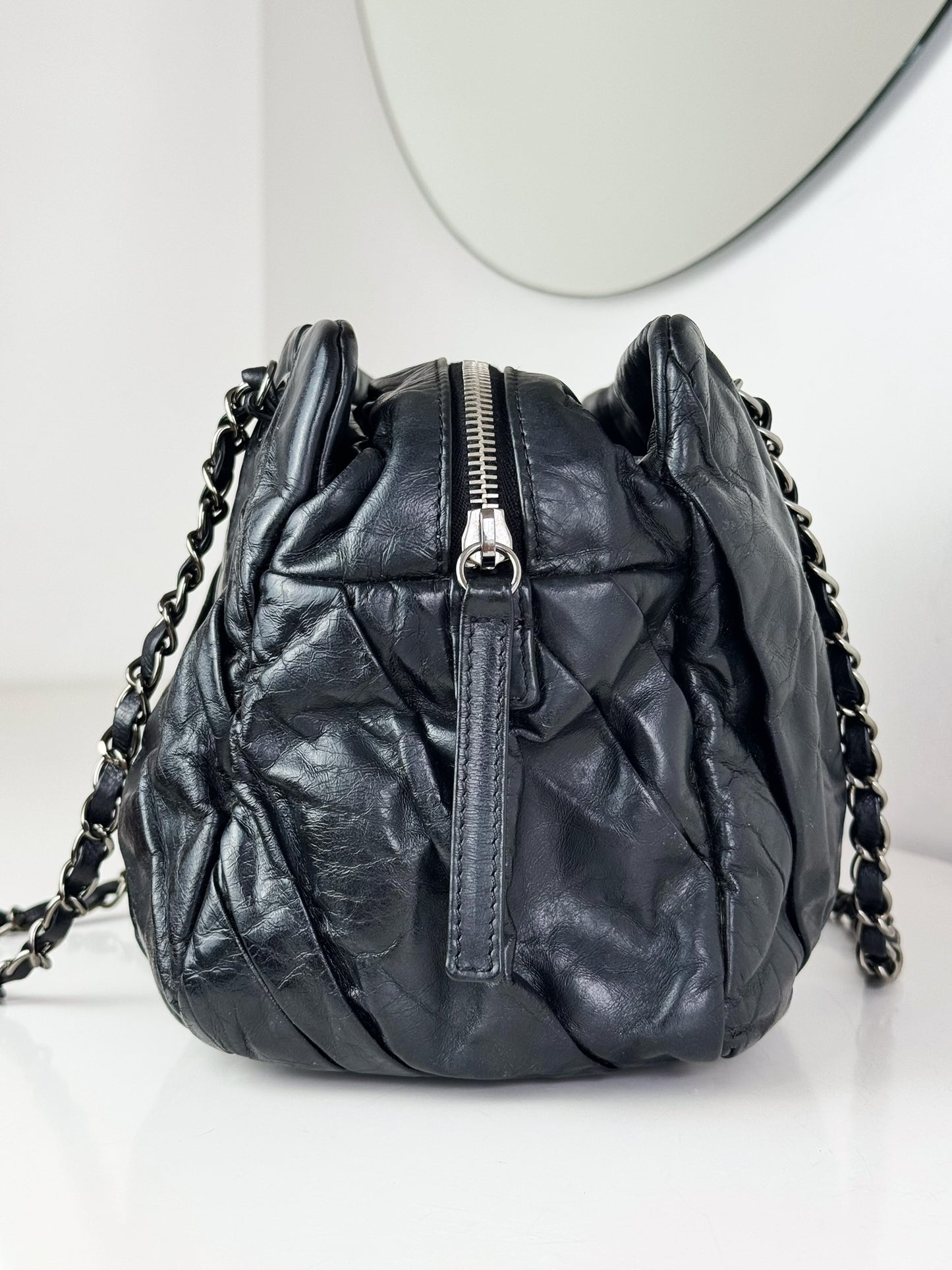 Chanel Vintage Black Twisted Coco Mark Bowling Glazed Calfskin Shoulder Bag