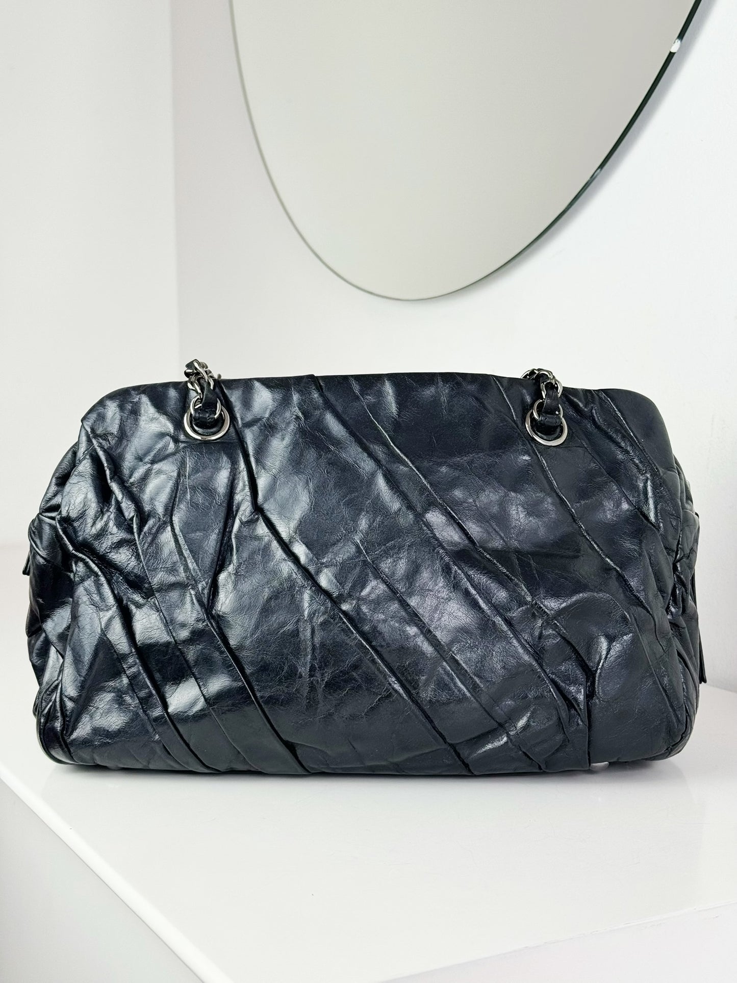 Chanel Vintage Black Twisted Coco Mark Bowling Glazed Calfskin Shoulder Bag