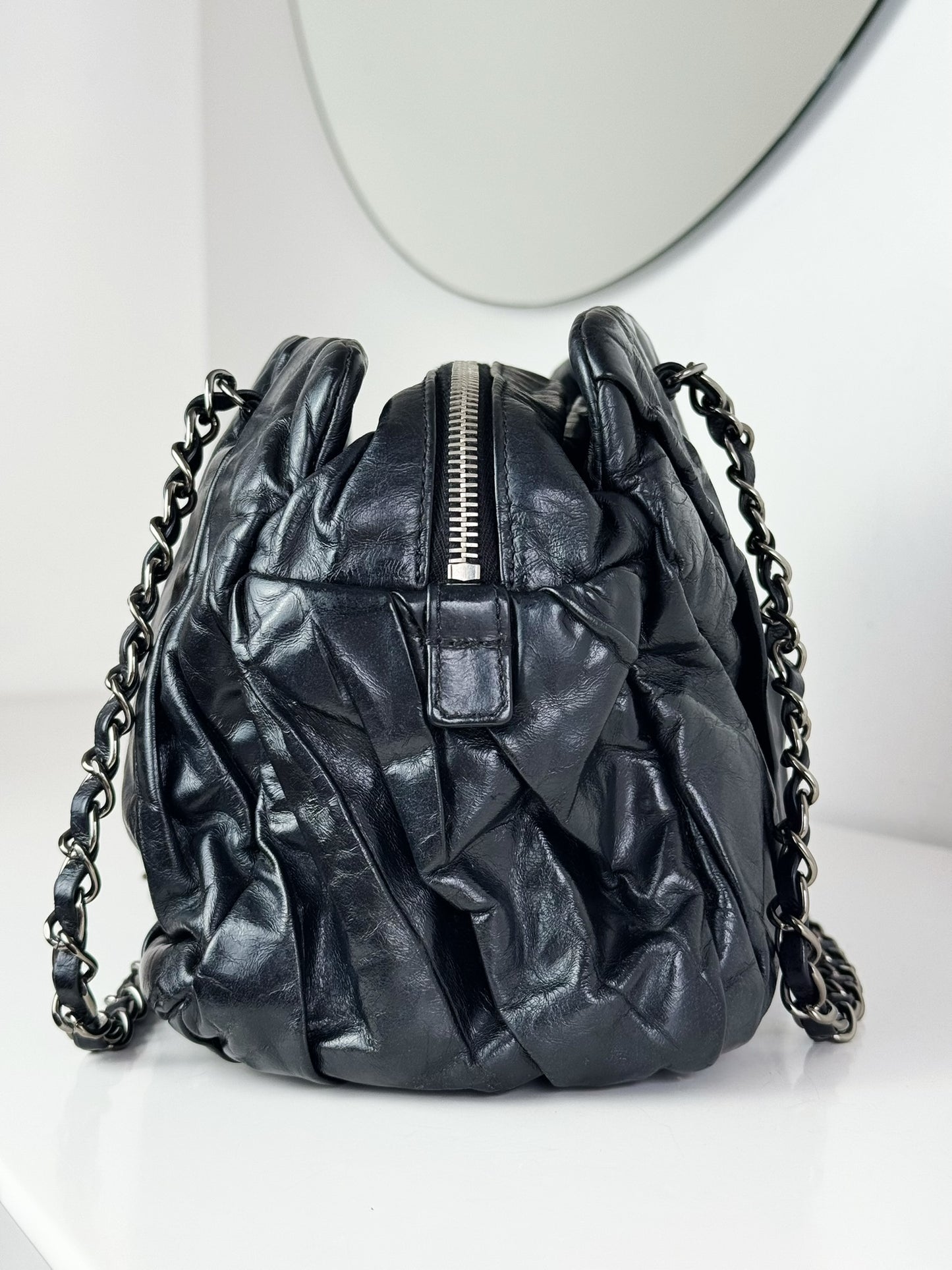 Chanel Vintage Black Twisted Coco Mark Bowling Glazed Calfskin Shoulder Bag