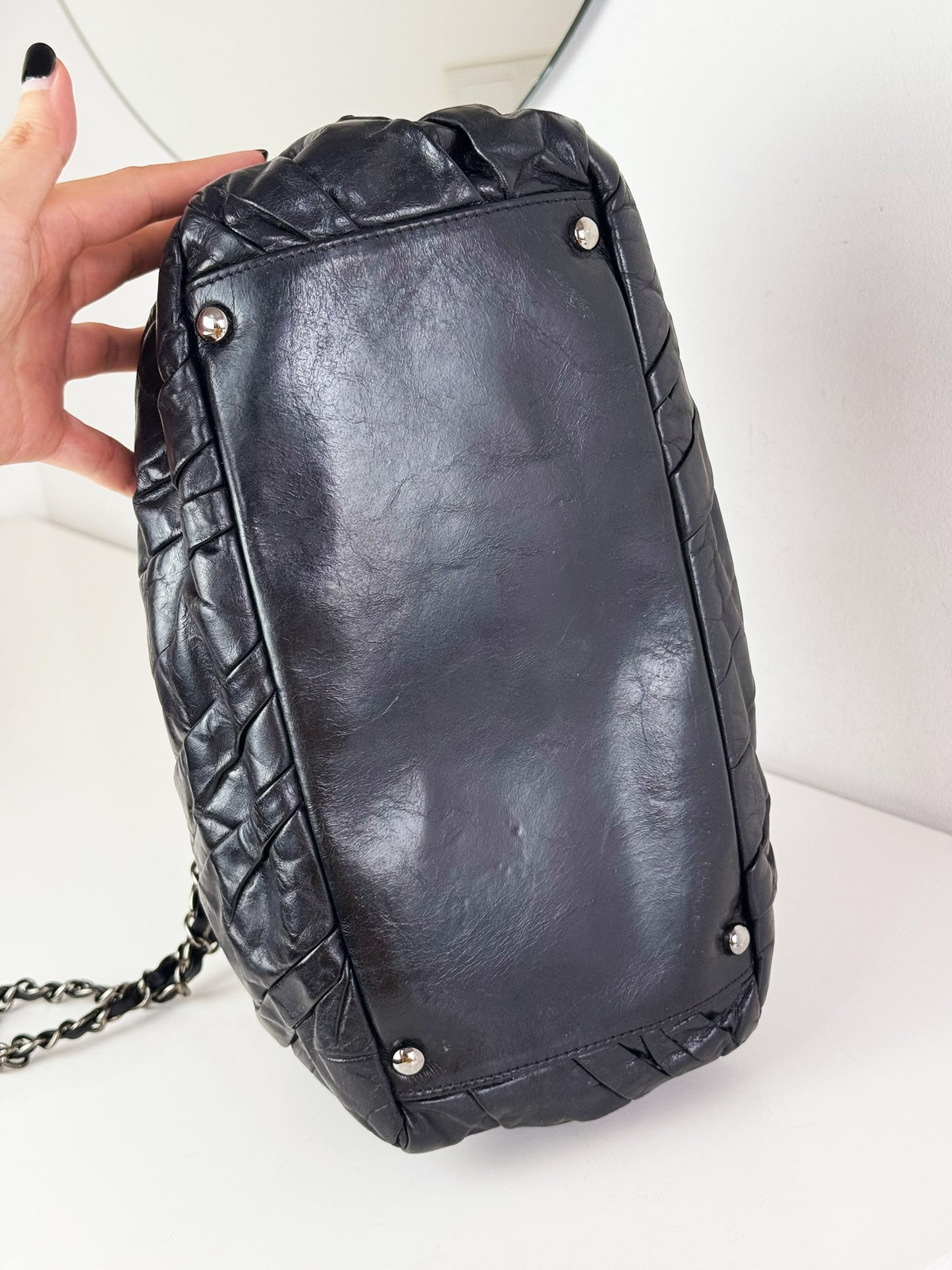 Chanel Vintage Black Twisted Coco Mark Bowling Glazed Calfskin Shoulder Bag