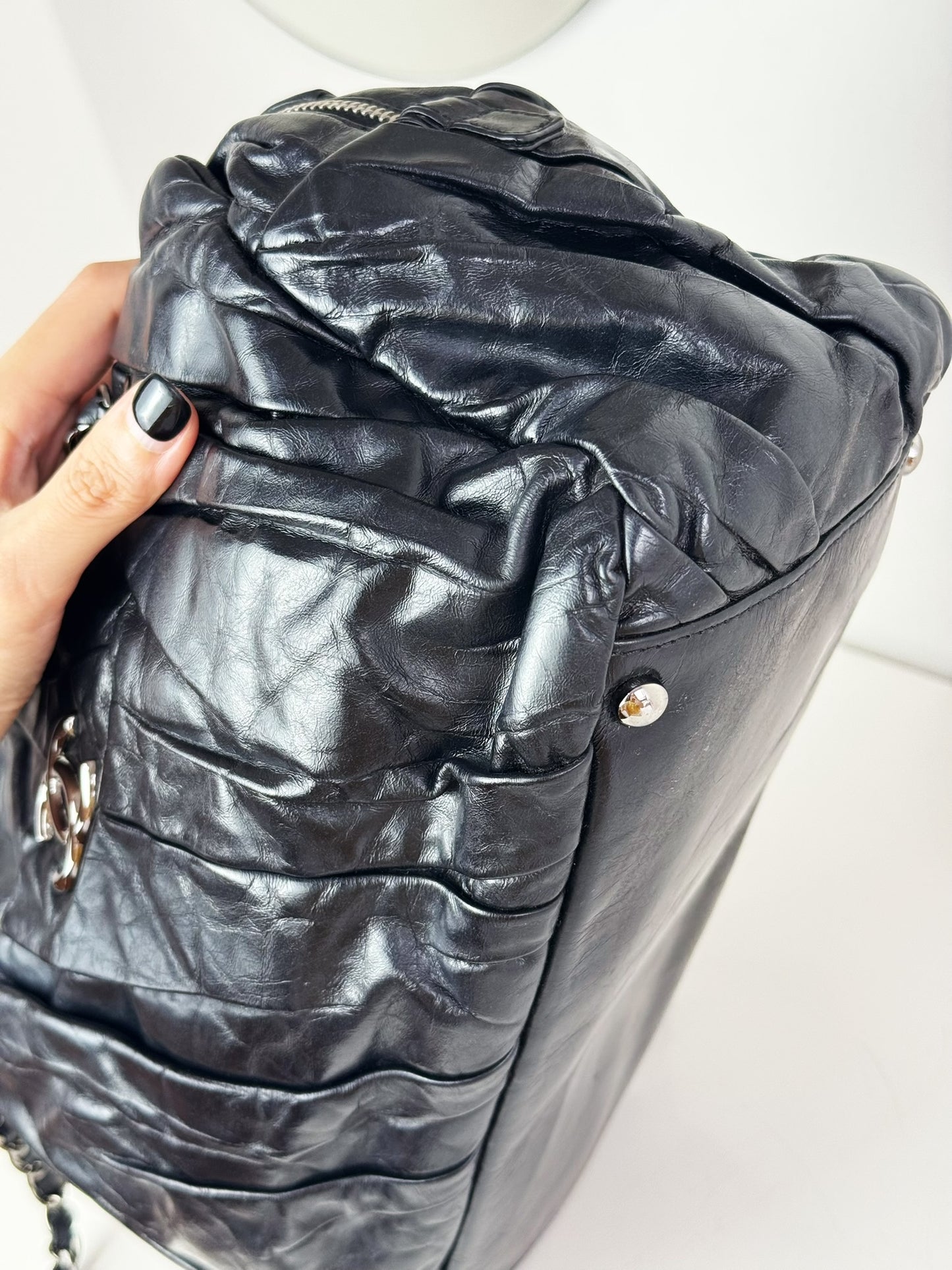 Chanel Vintage Black Twisted Coco Mark Bowling Glazed Calfskin Shoulder Bag