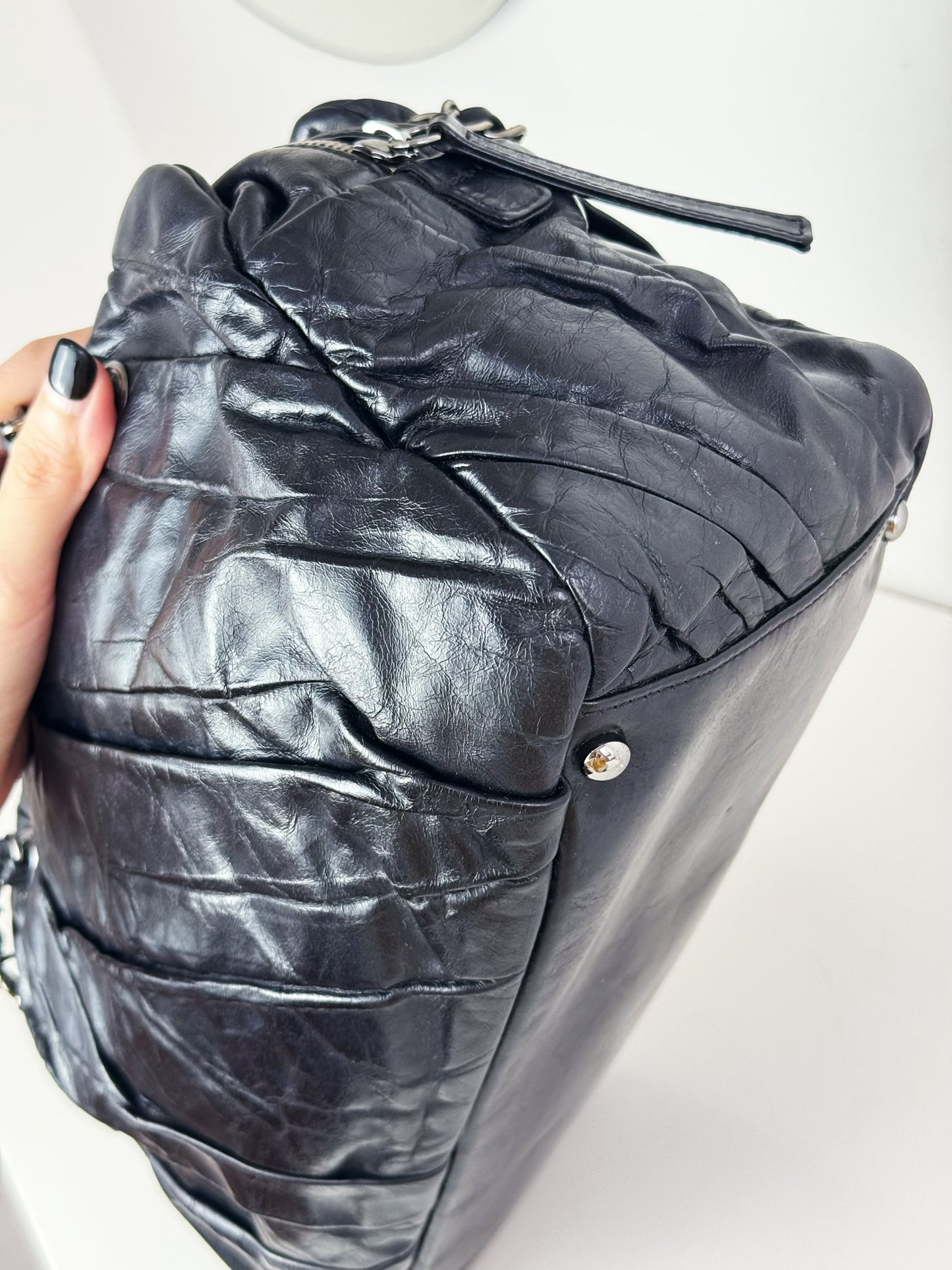 Chanel Vintage Black Twisted Coco Mark Bowling Glazed Calfskin Shoulder Bag