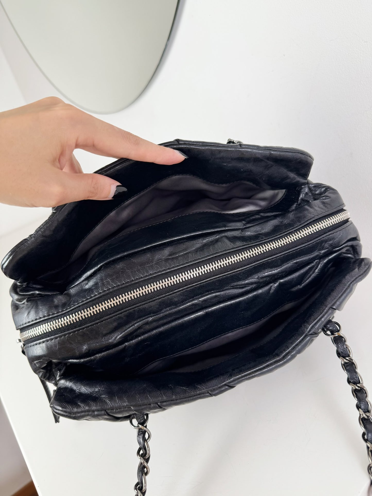 Chanel Vintage Black Twisted Coco Mark Bowling Glazed Calfskin Shoulder Bag