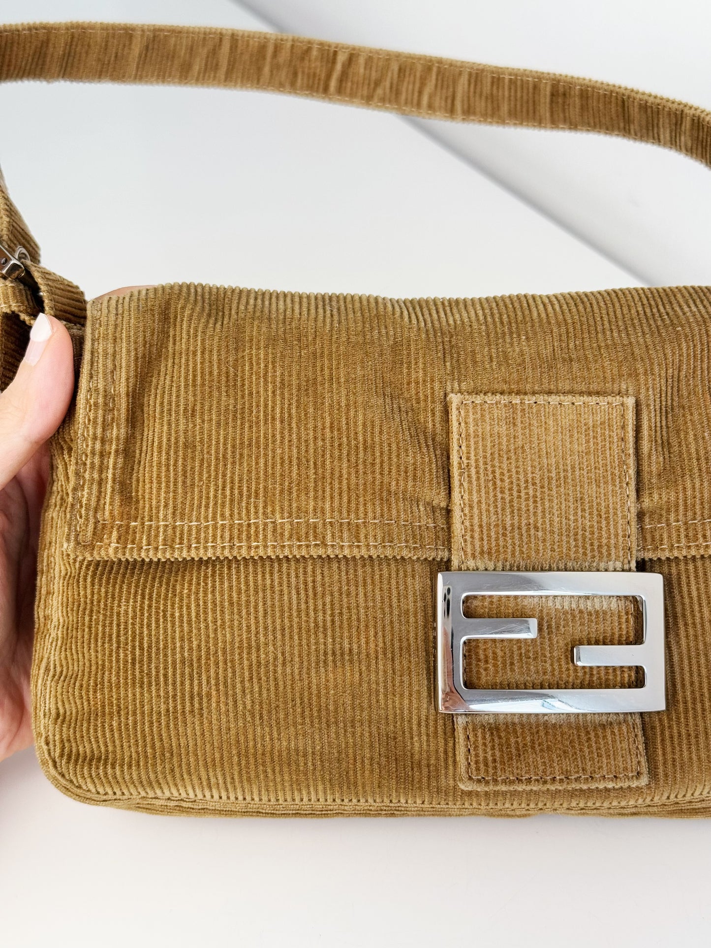 Fendi Vintage Brown Corduroy Baguette Shoulder Bag