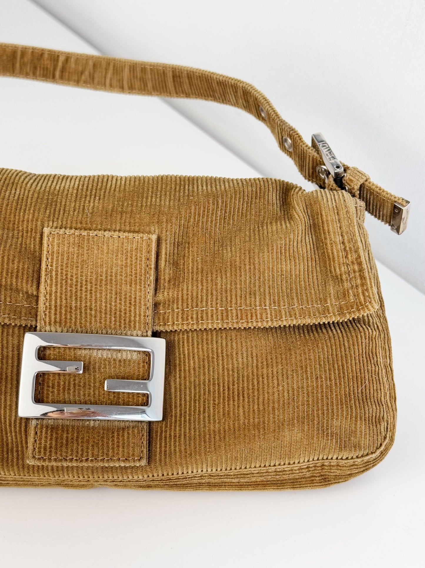 Fendi Vintage Brown Corduroy Baguette Shoulder Bag