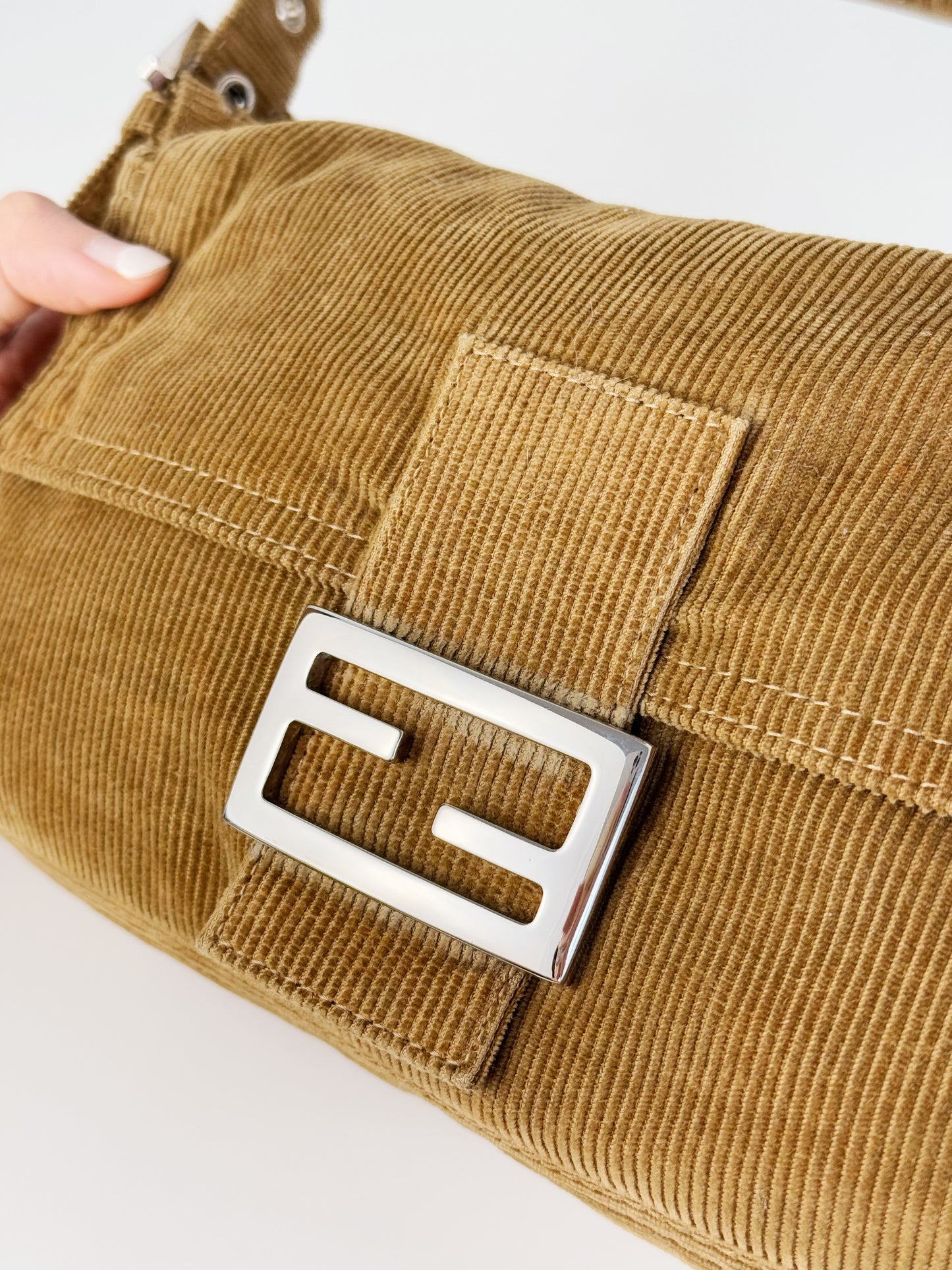 Fendi Vintage Brown Corduroy Baguette Shoulder Bag