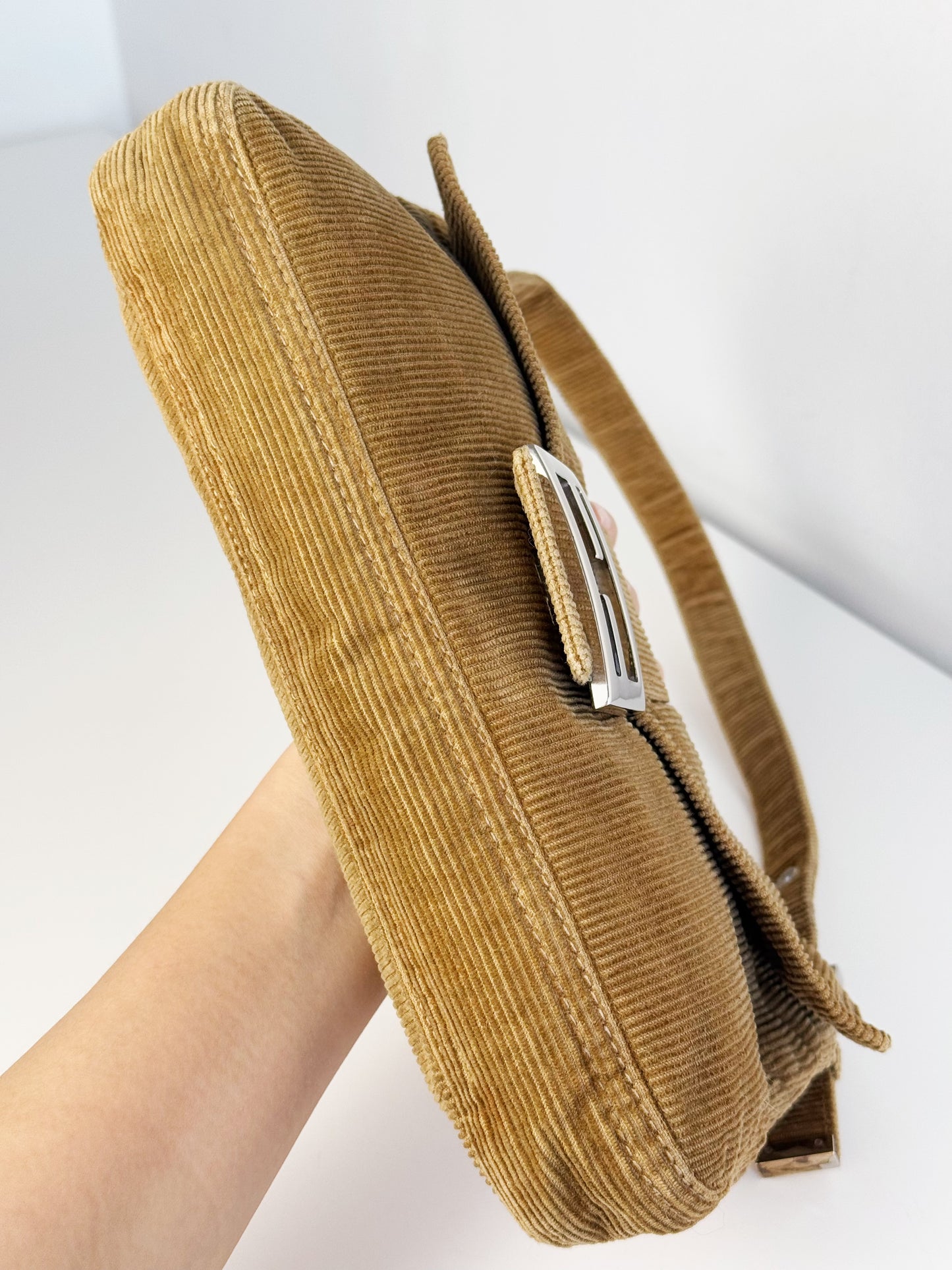 Fendi Vintage Brown Corduroy Baguette Shoulder Bag
