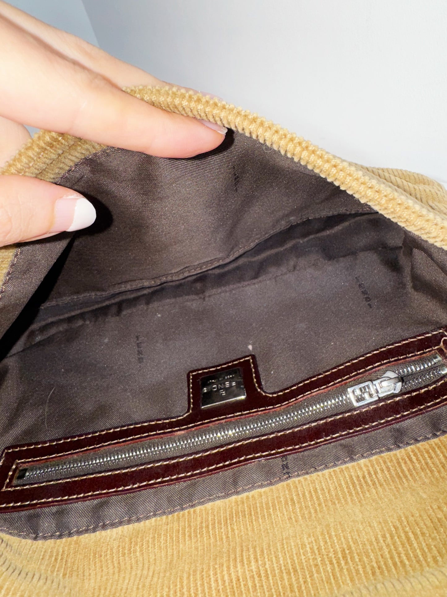 Fendi Vintage Brown Corduroy Baguette Shoulder Bag
