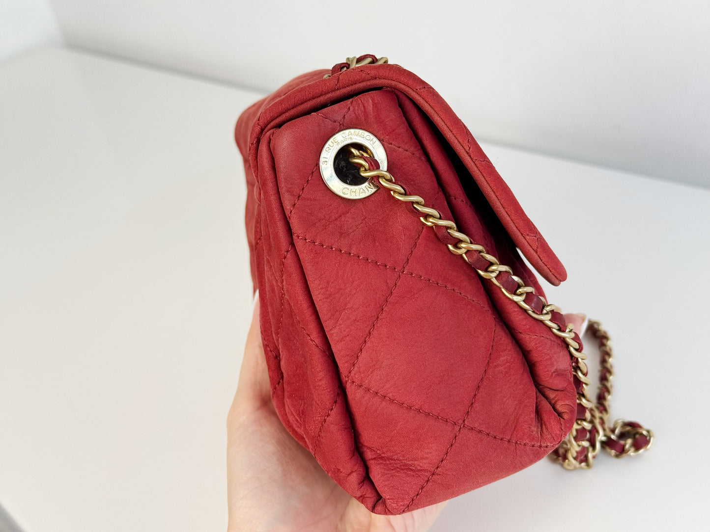 Chanel Vintage Red Leather Chain Crossbody Bag