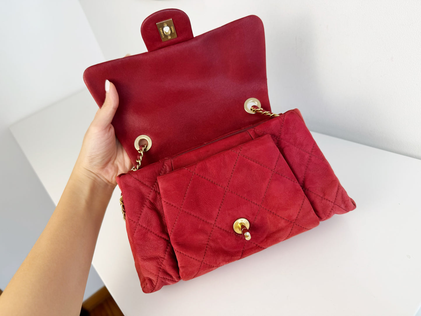 Chanel Vintage Red Leather Chain Crossbody Bag