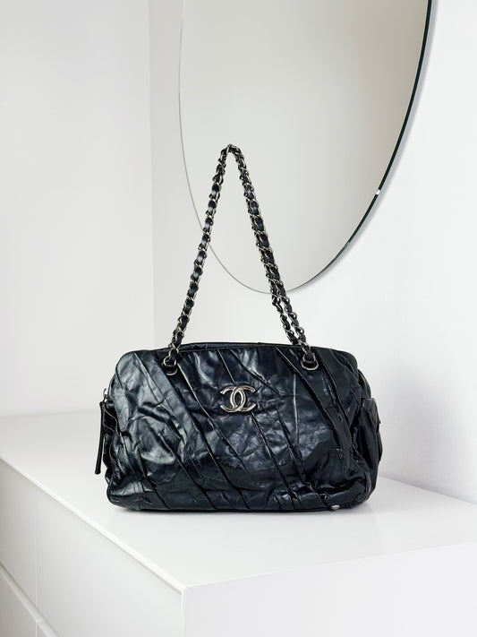 Chanel Vintage Black Twisted Coco Mark Bowling Glazed Calfskin Shoulder Bag