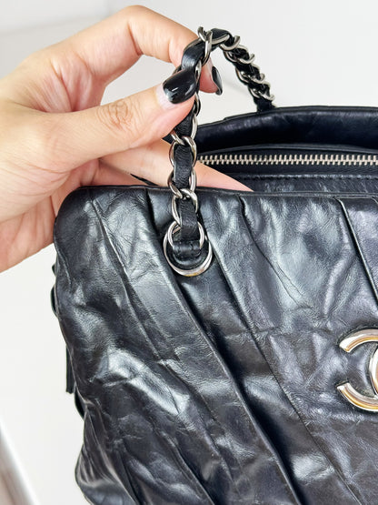 Chanel Vintage Black Twisted Coco Mark Bowling Glazed Calfskin Shoulder Bag
