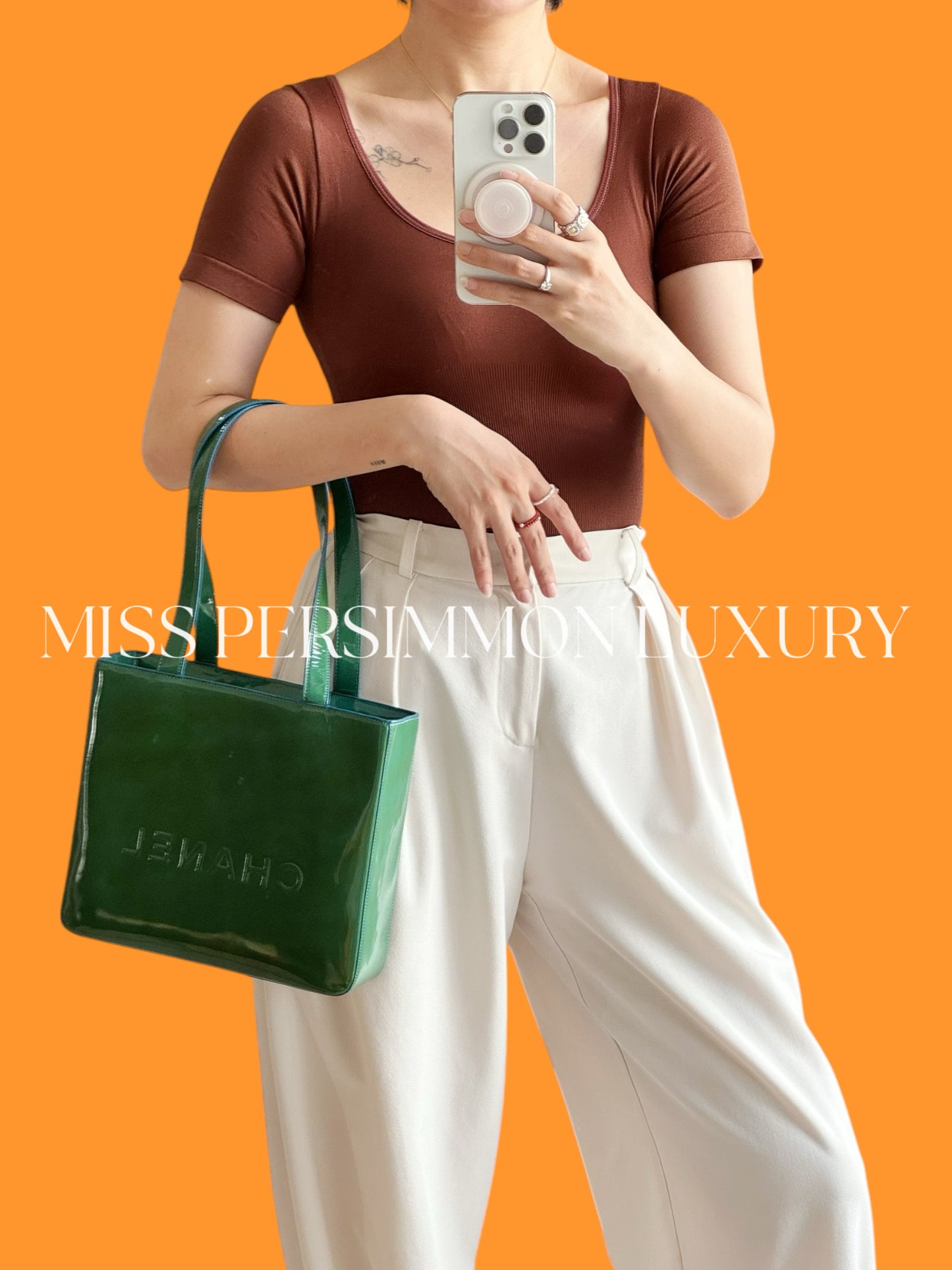 Chanel Vintage Green Patent Leather Shoulder Tote Bag