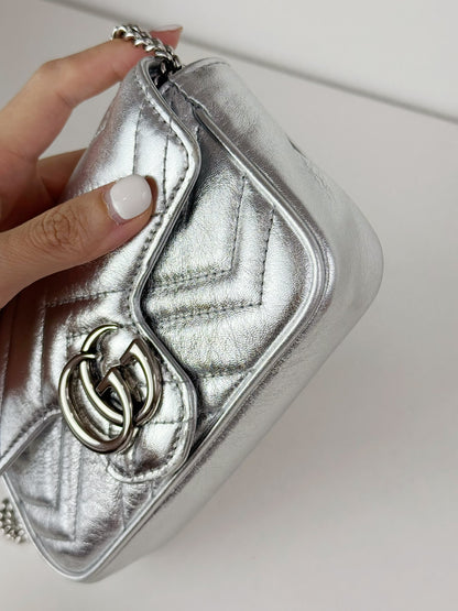 Gucci Vintage Silver Super Mini Marmont Shoulder Crossbody Bag