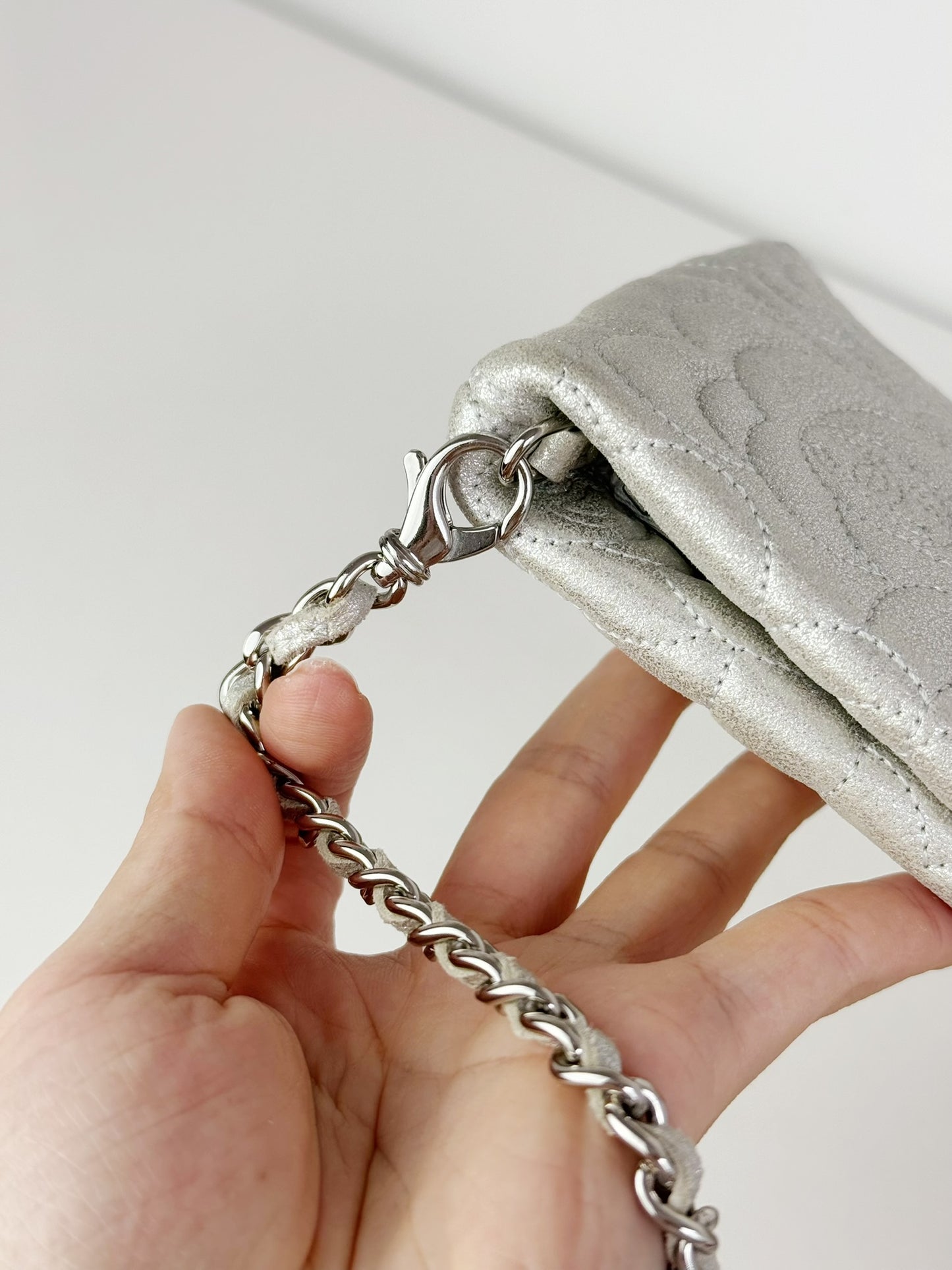 Chanel Silver Camellia Chain Pouch Handbag Shoulder Bag