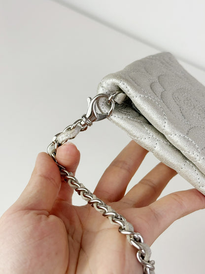 Chanel Silver Camellia Chain Pouch Handbag Shoulder Bag