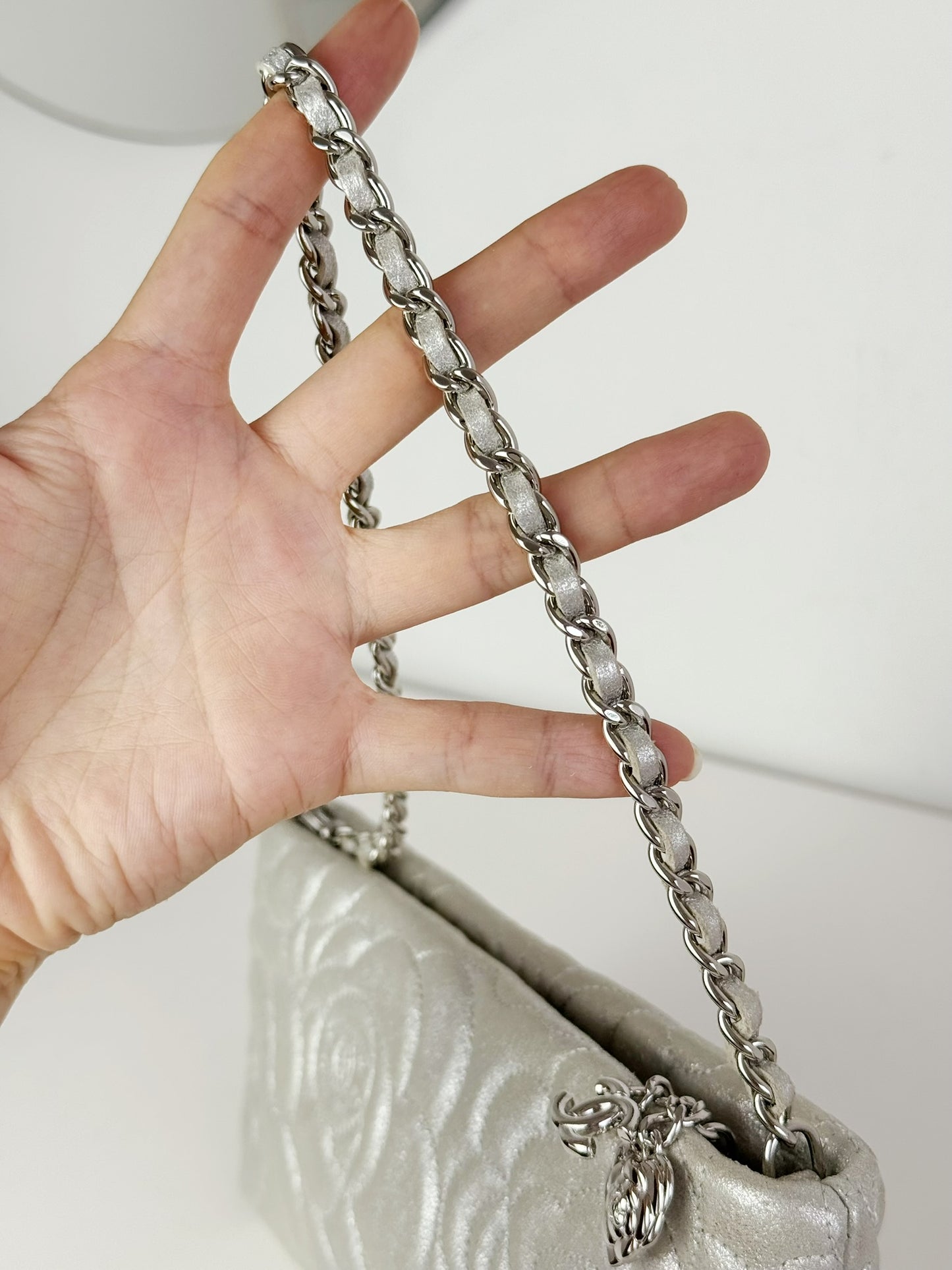 Chanel Silver Camellia Chain Pouch Handbag Shoulder Bag