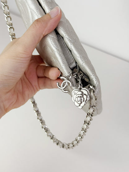 Chanel Silver Camellia Chain Pouch Handbag Shoulder Bag