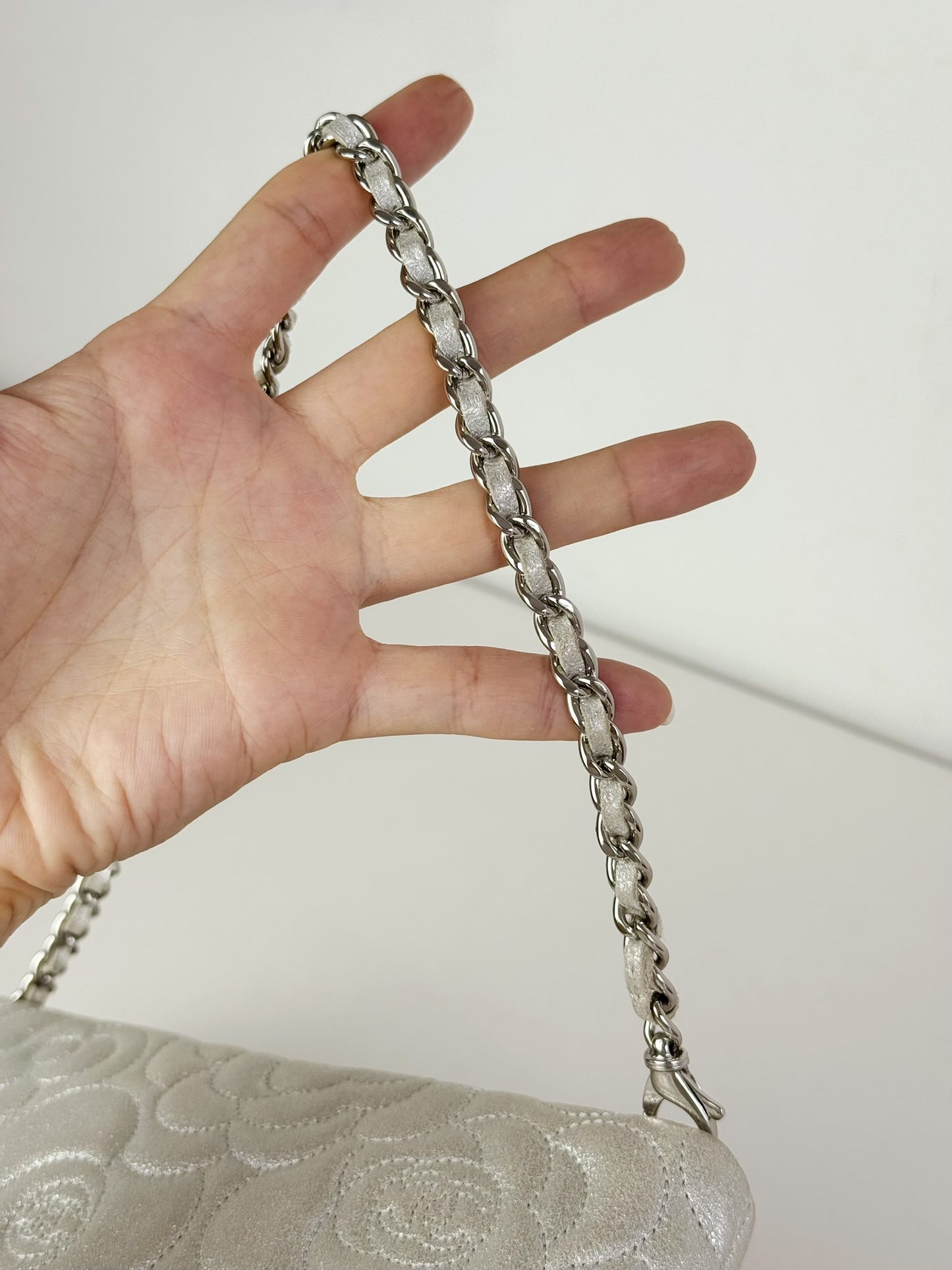 Chanel Silver Camellia Chain Pouch Handbag Shoulder Bag