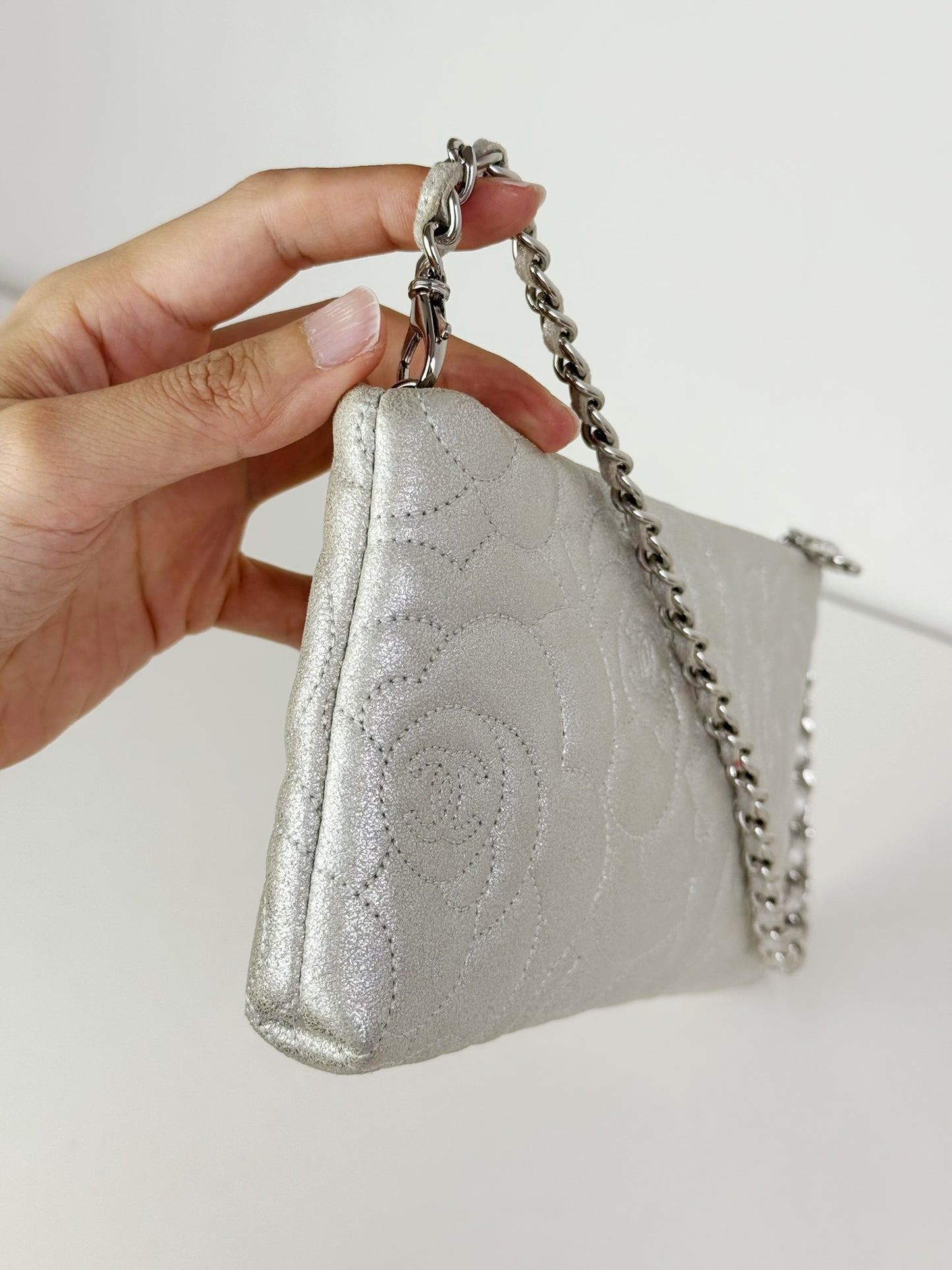 Chanel Silver Camellia Chain Pouch Handbag Shoulder Bag