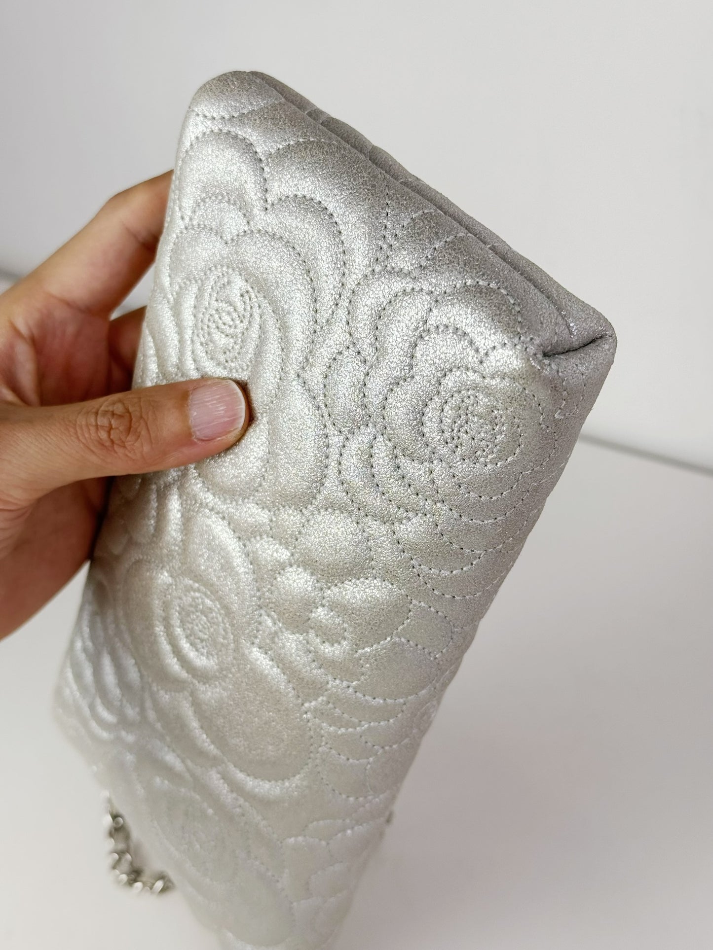 Chanel Silver Camellia Chain Pouch Handbag Shoulder Bag