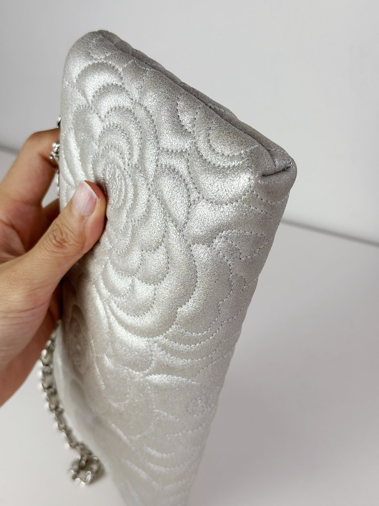 Chanel Silver Camellia Chain Pouch Handbag Shoulder Bag