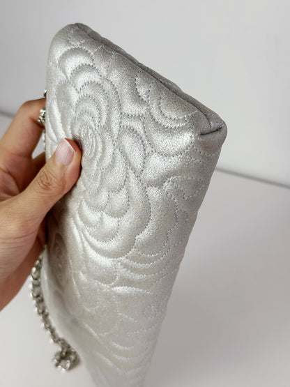 Chanel Silver Camellia Chain Pouch Handbag Shoulder Bag