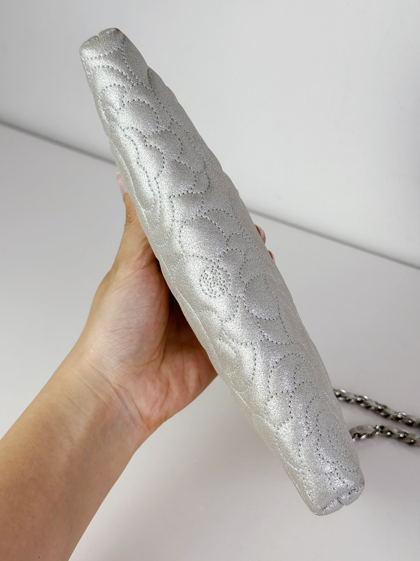 Chanel Silver Camellia Chain Pouch Handbag Shoulder Bag