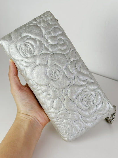 Chanel Silver Camellia Chain Pouch Handbag Shoulder Bag