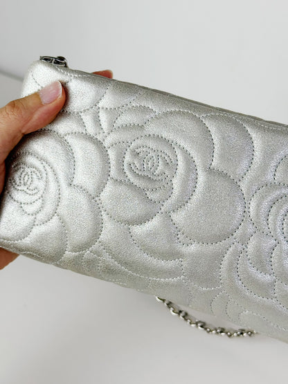Chanel Silver Camellia Chain Pouch Handbag Shoulder Bag