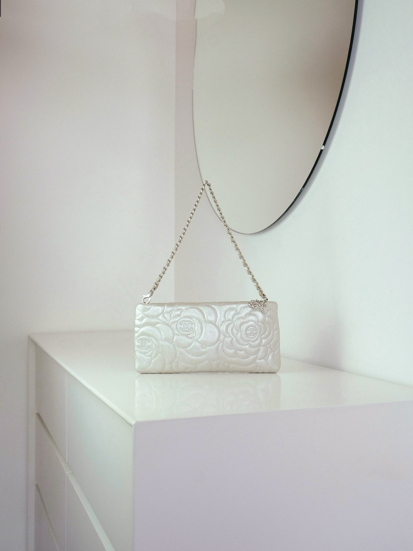 Chanel Silver Camellia Chain Pouch Handbag Shoulder Bag