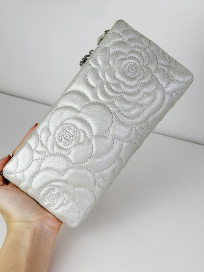 Chanel Silver Camellia Chain Pouch Handbag Shoulder Bag