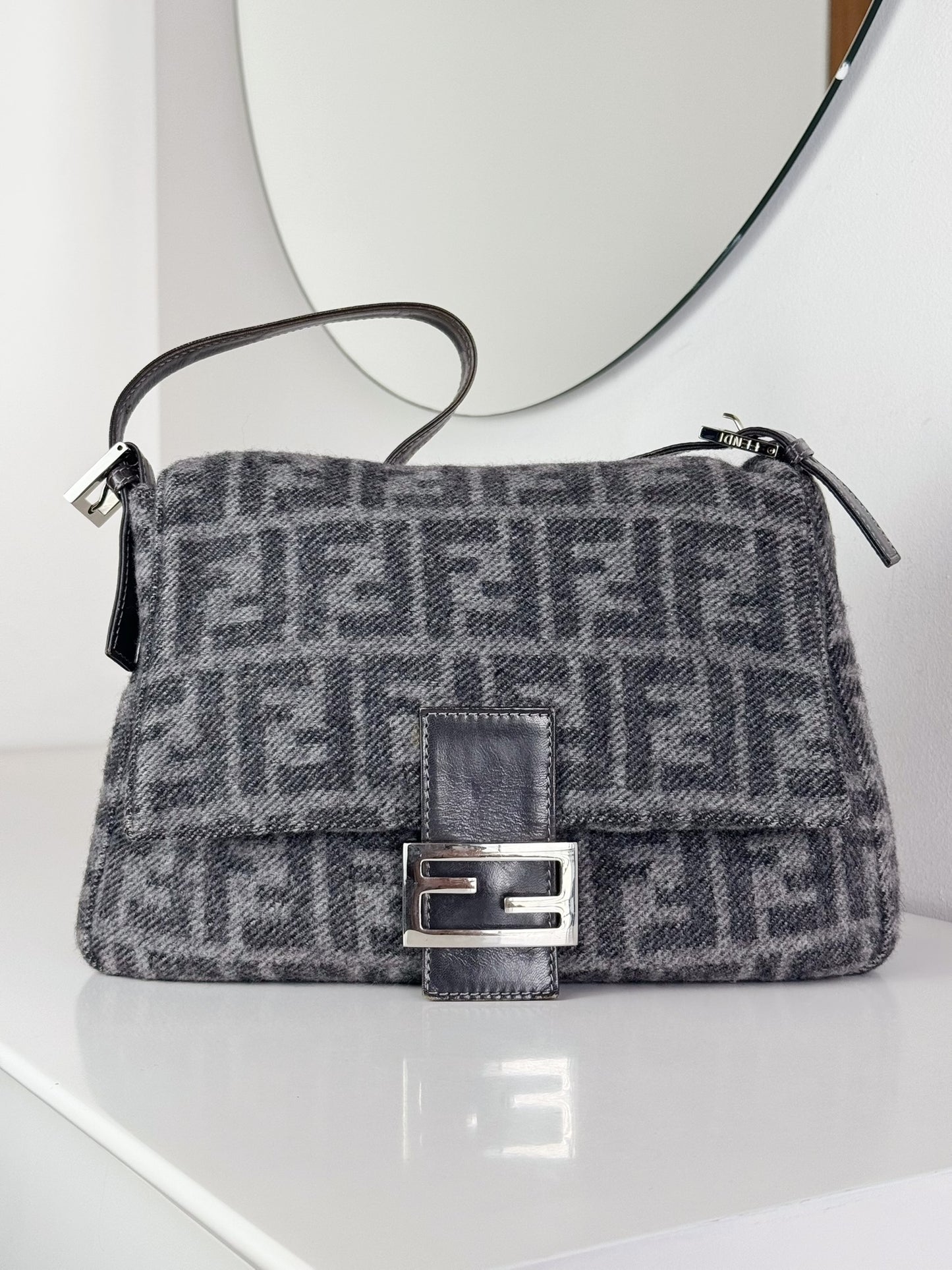 Fendi Vintage Wool Zucca Mamma Baguette Shoulder Bag