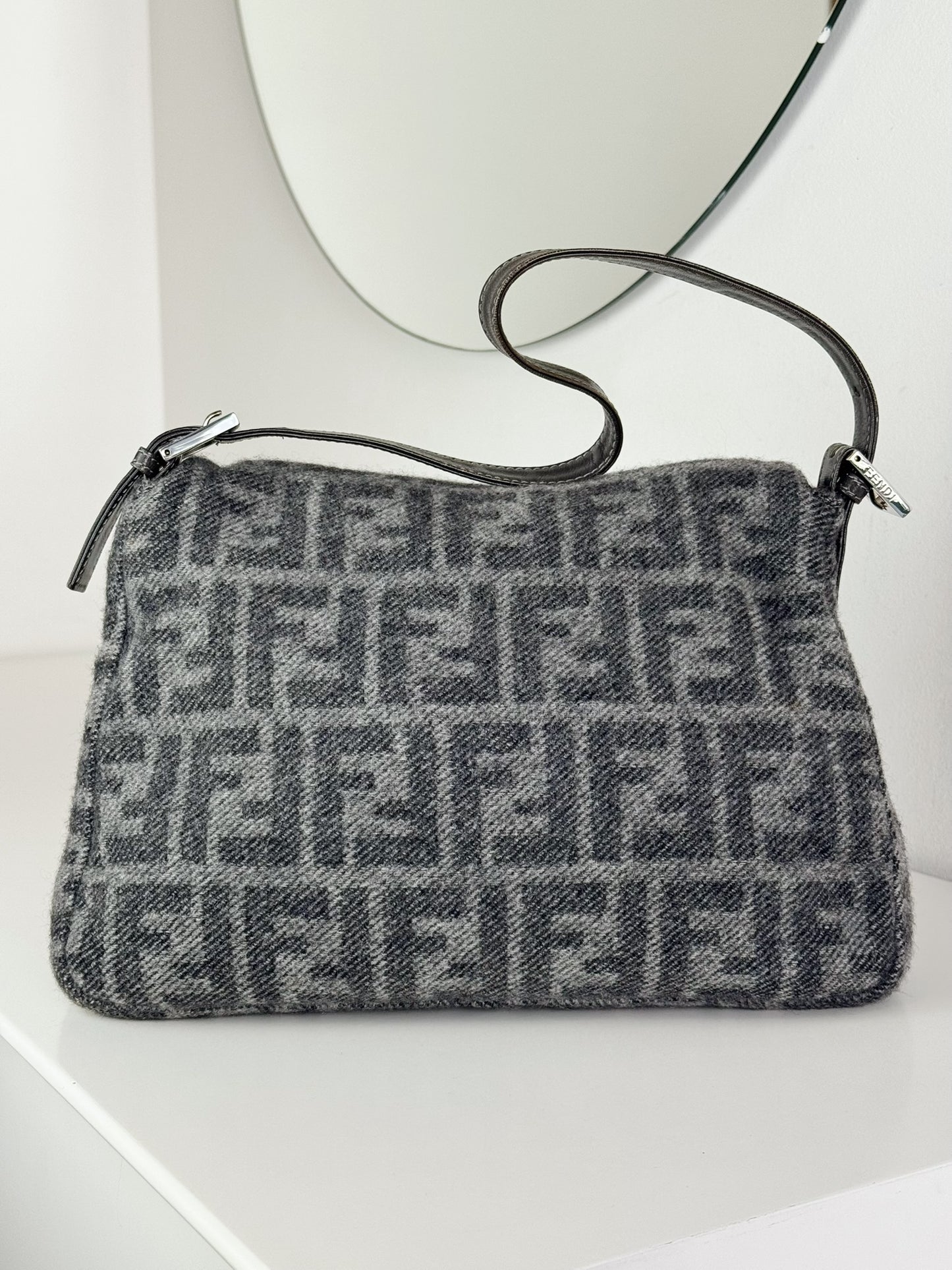 Fendi Vintage Wool Zucca Mamma Baguette Shoulder Bag
