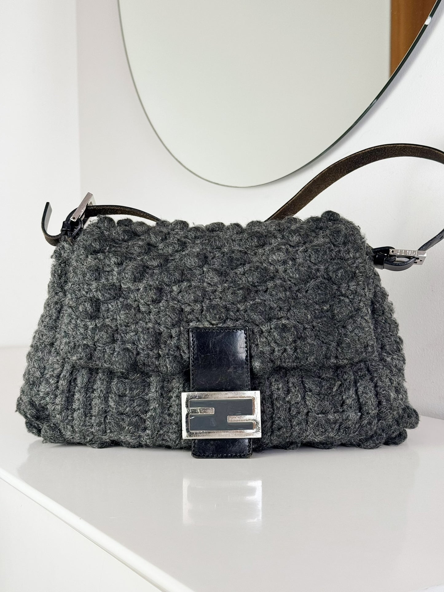 Fendi Vintage Knit Wool Mamma Baguette Shoulder Bag